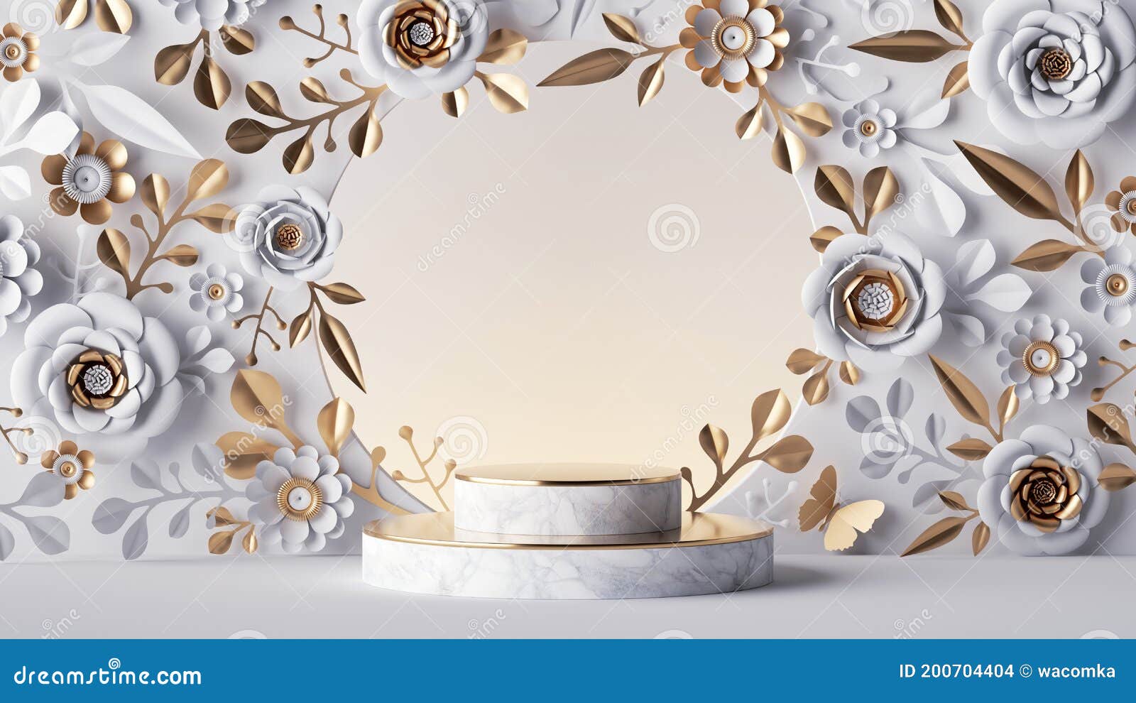 Rose gold circle frame with floral on marble background for