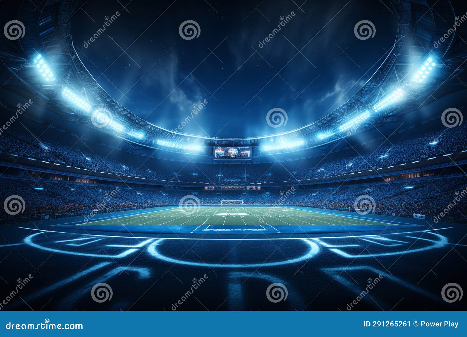 3D Render of a Football Stadium in the Night with Lights and Flares
