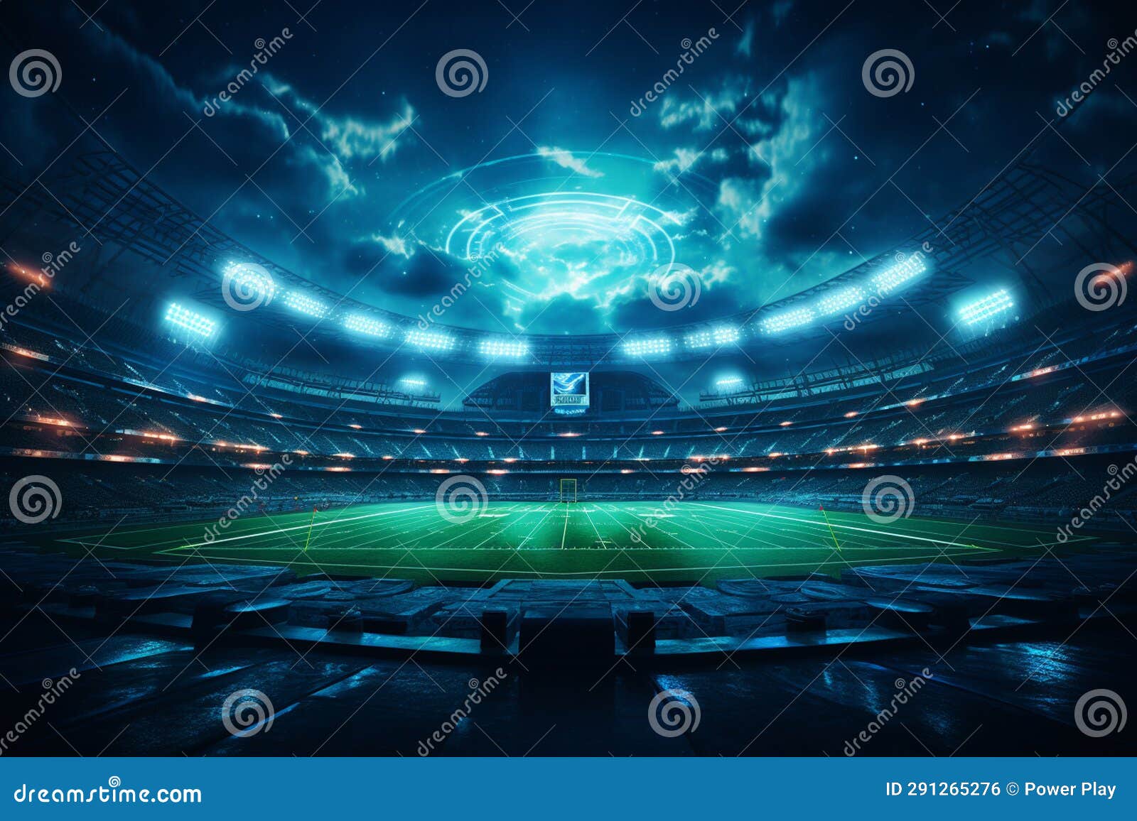 3D Render of a Football Stadium in the Night with Lights and Flares