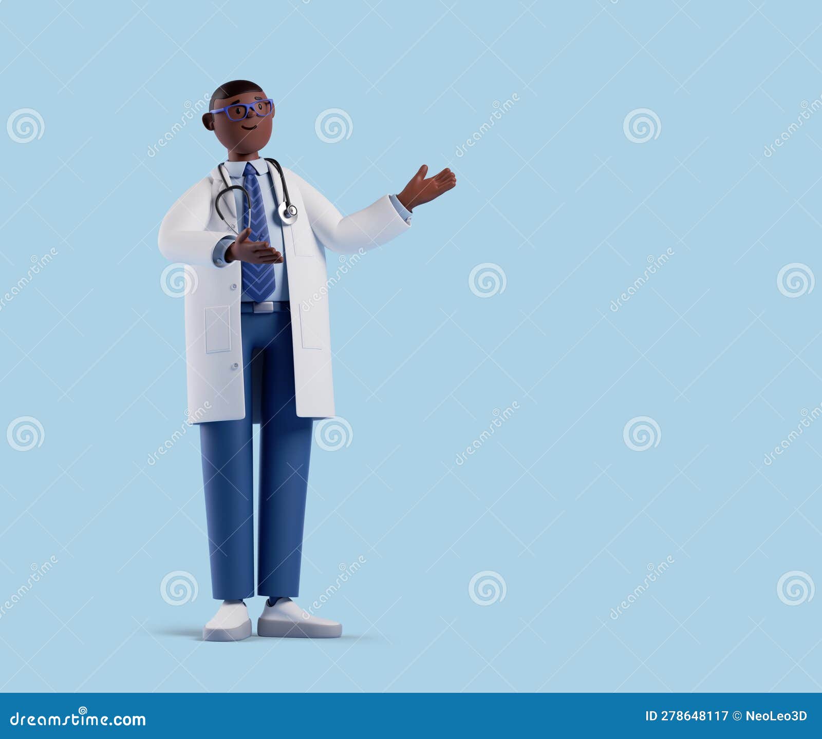 3d render, full body african cartoon character. black doctor clip art  on blue background. presentation concept