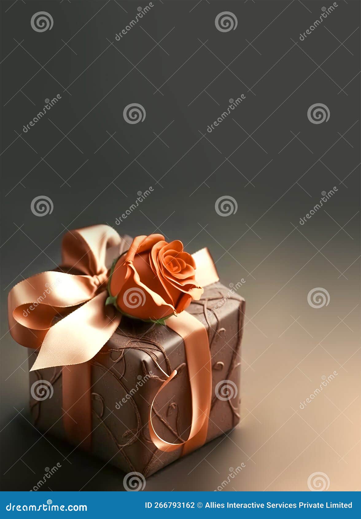 3D Render of Glossy Bronze Gift Box with Orange Rose Stock Illustration