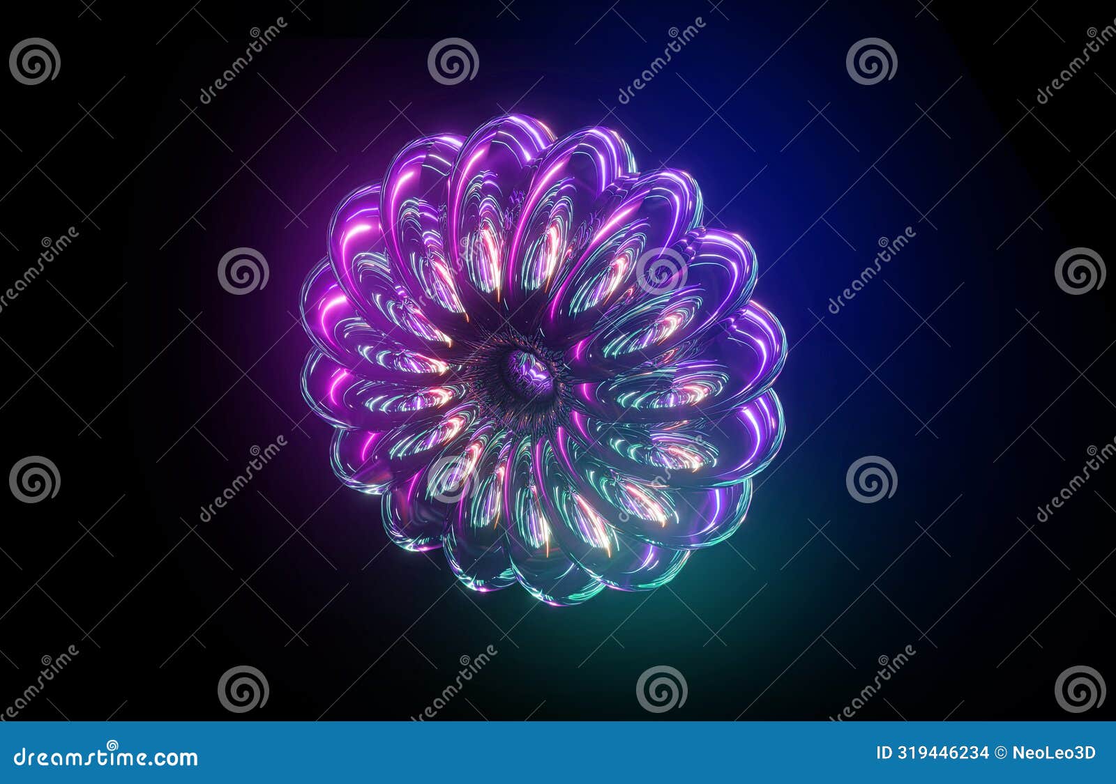 3d render. glossy grooved glass torus, reflecting vibrant neon light and glowing in dark. violet purple geometric object 