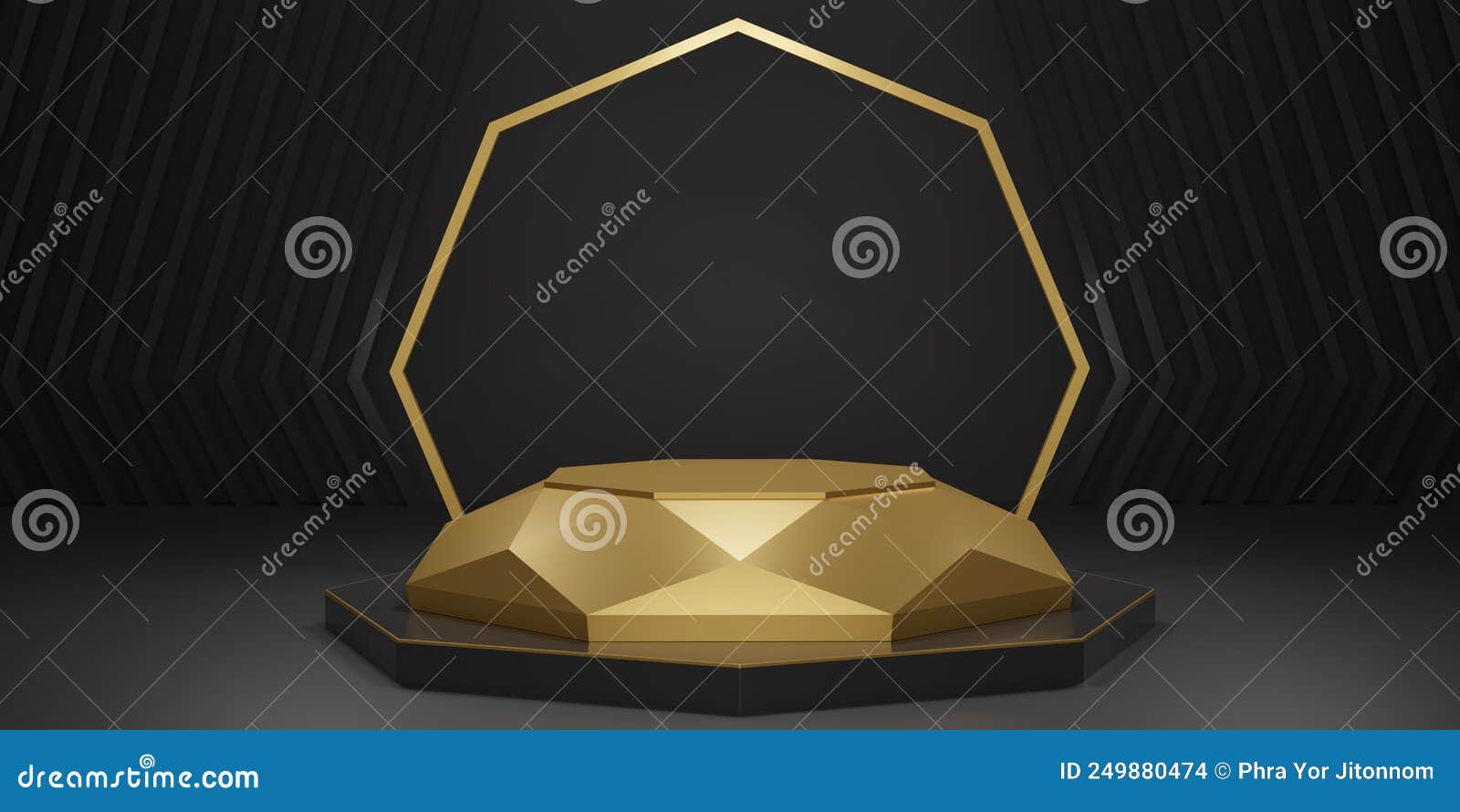 3d render gold hexagon cube, golden diamond pedestal podium with marble on base in black background. concept scene stage showcase