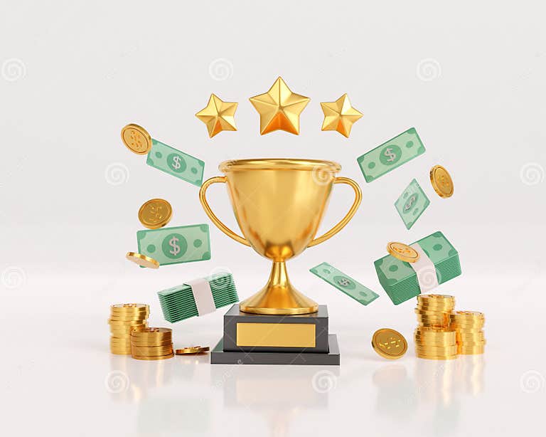 3d Render Gold Winners Trophy with Stars and Coin. Golden Profit and
