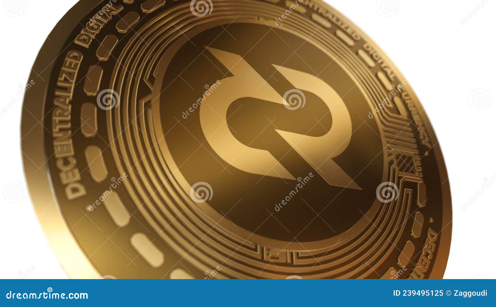 3d render golden decred dcr cryptocurrency coin  close up view