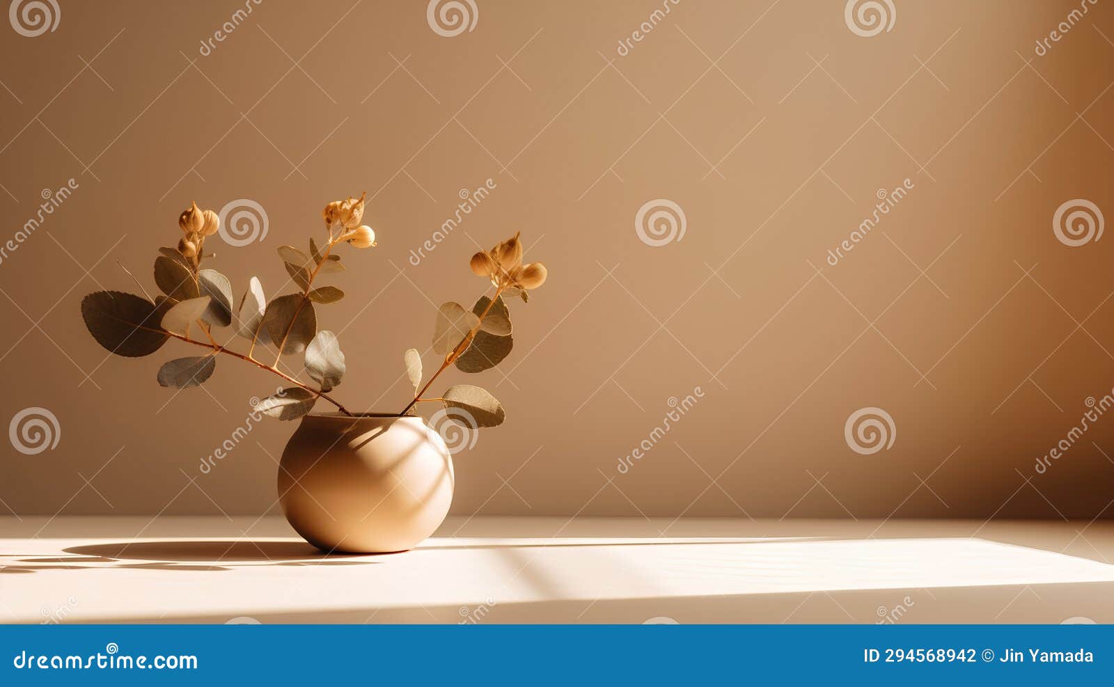 3d Render of Golden Vase with Dry Flowers in the Sunlight. Stock