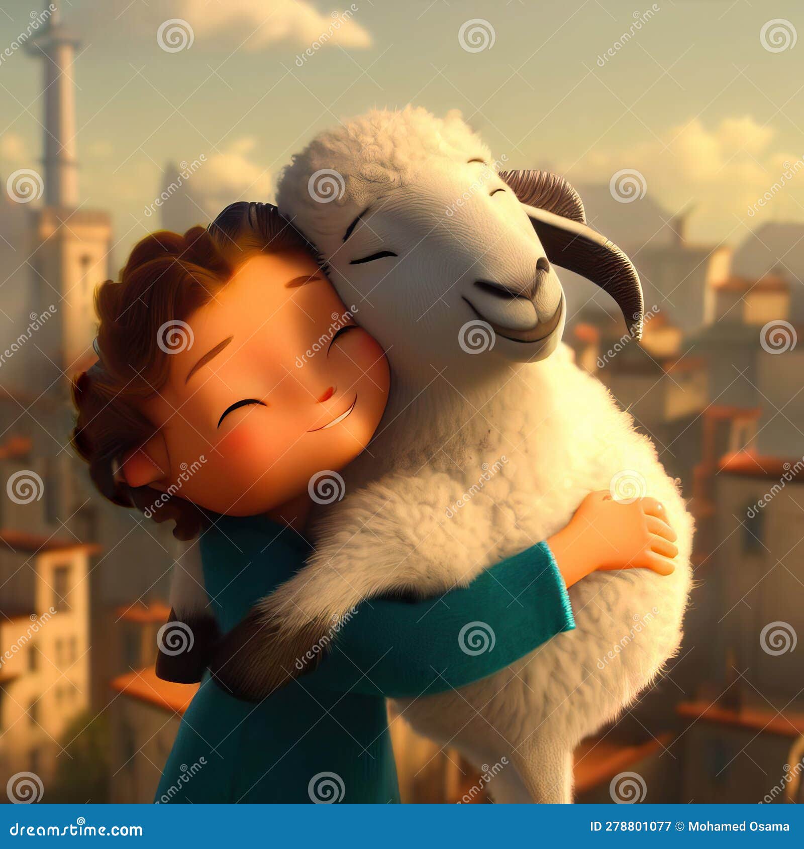 3d render of a happy sheep girl hugging a sheep celebrating eid al adha feast