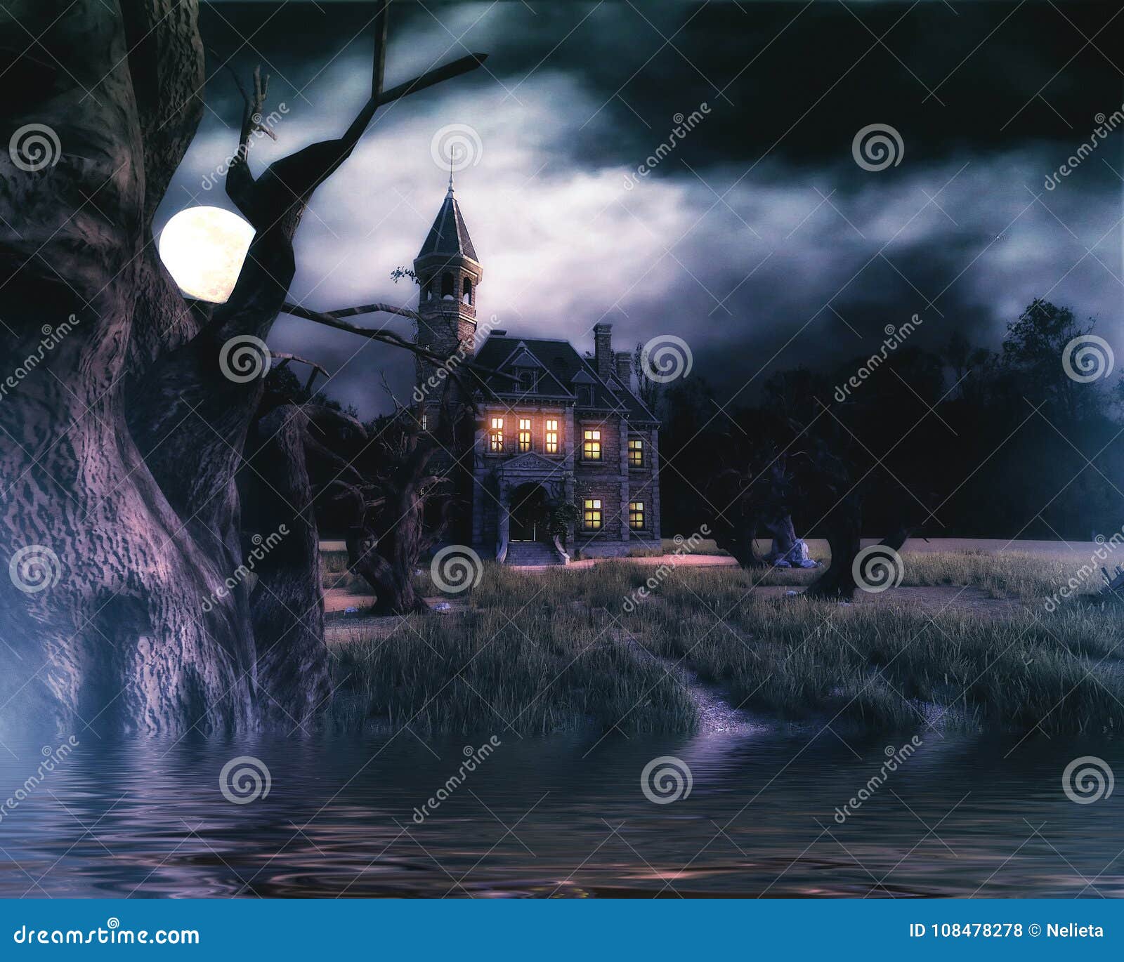 haunted house background with lake