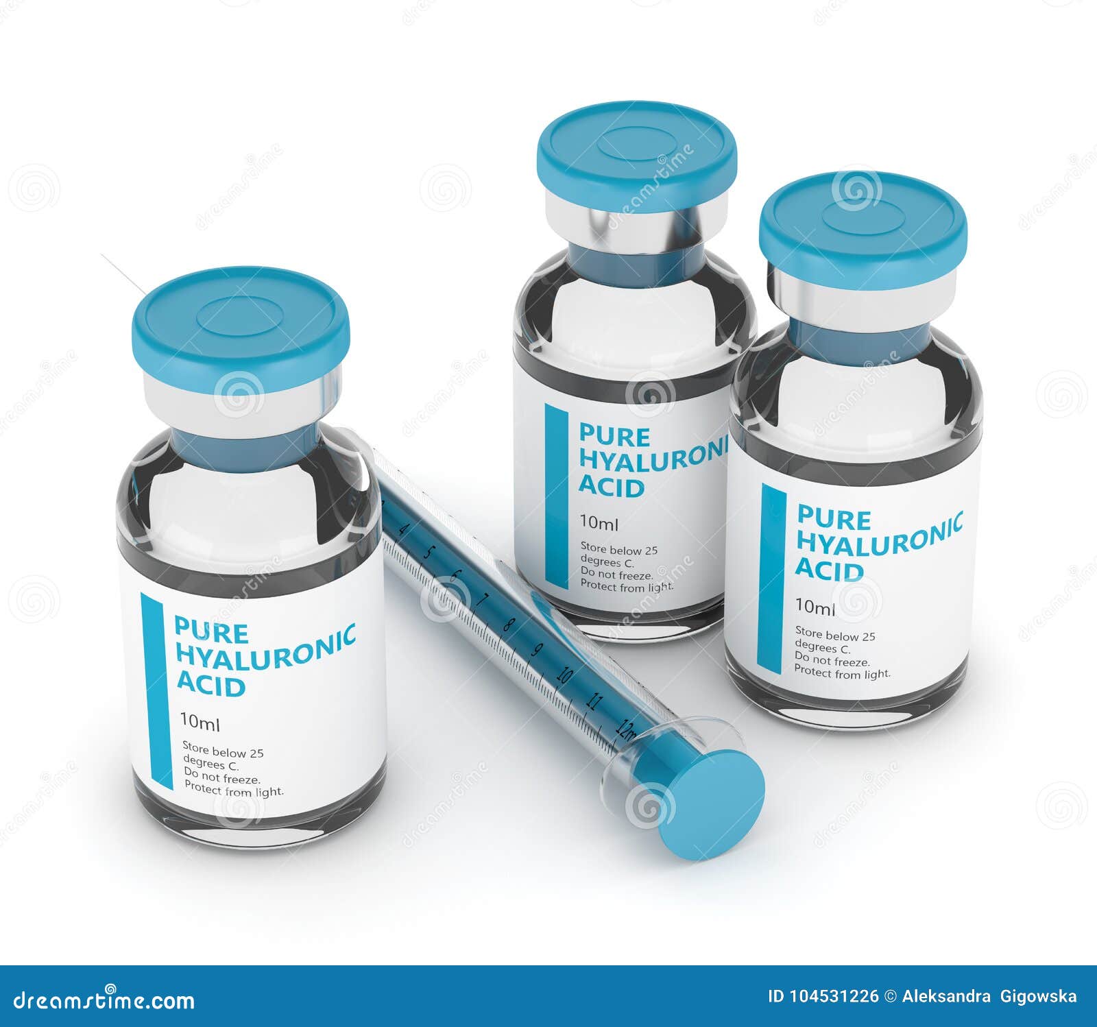 3d render of hyaluronic acid vials and syringe