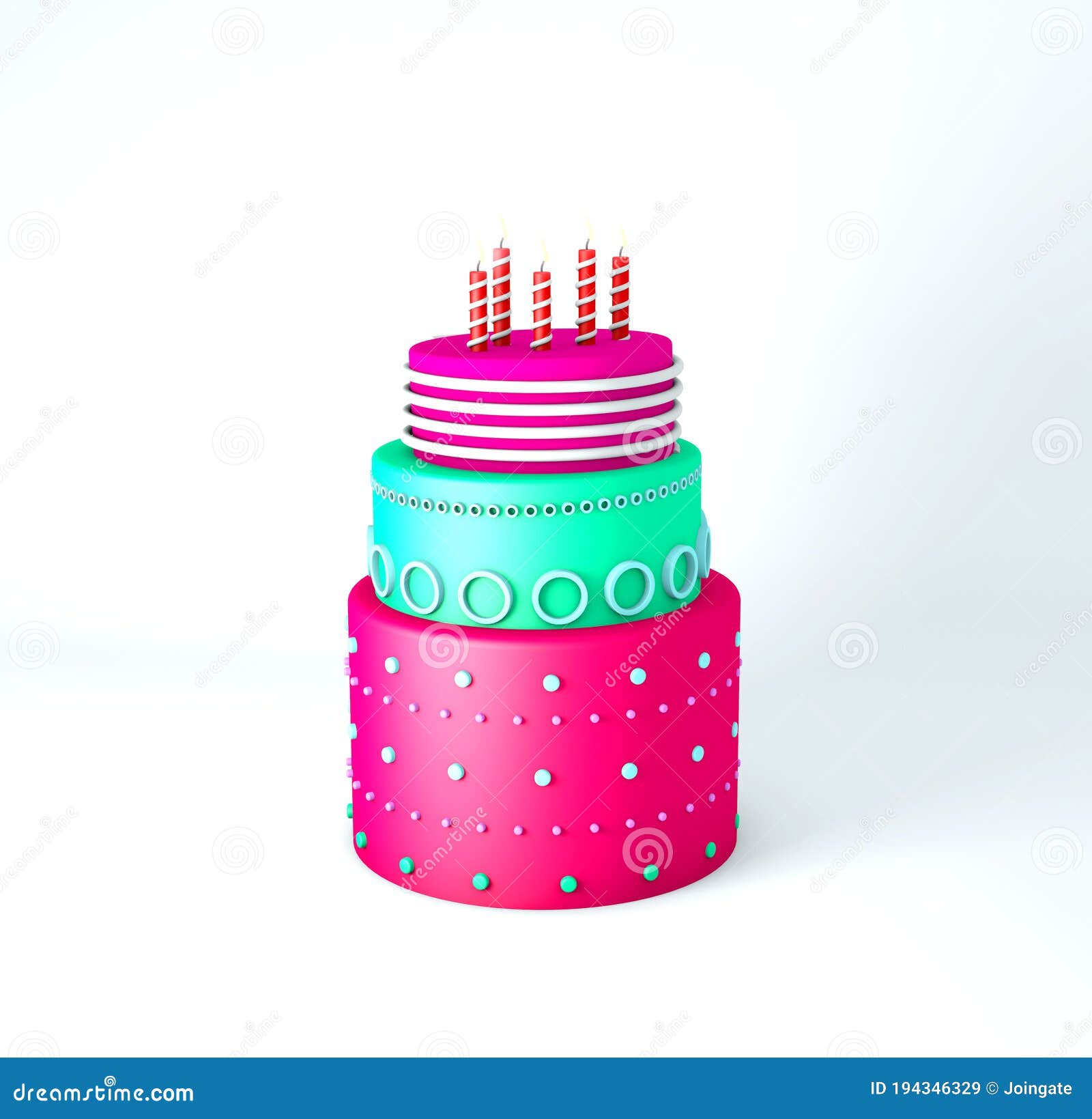 Cute Birthday Cake with Three Layers on a White Background Stock