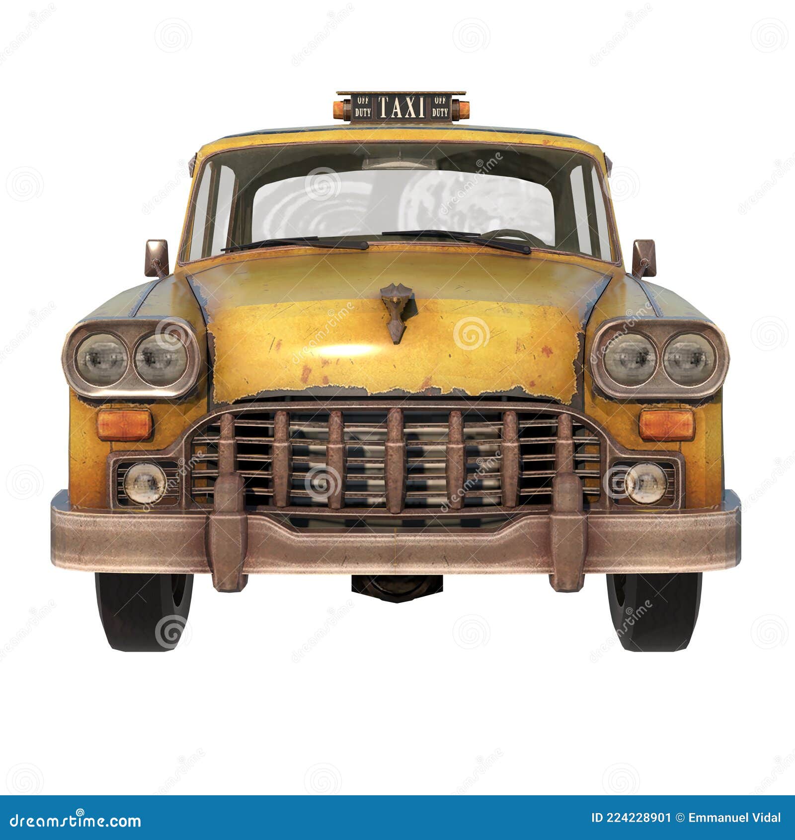 old rusty taxi 1- frontal view  white background 3d rendering ilustracion 3d
