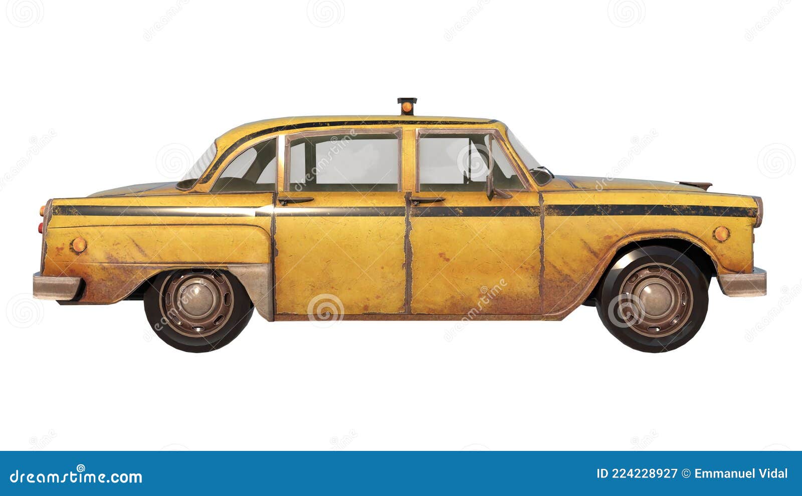 old rusty taxi 1- lateral view  white background 3d rendering ilustracion 3d