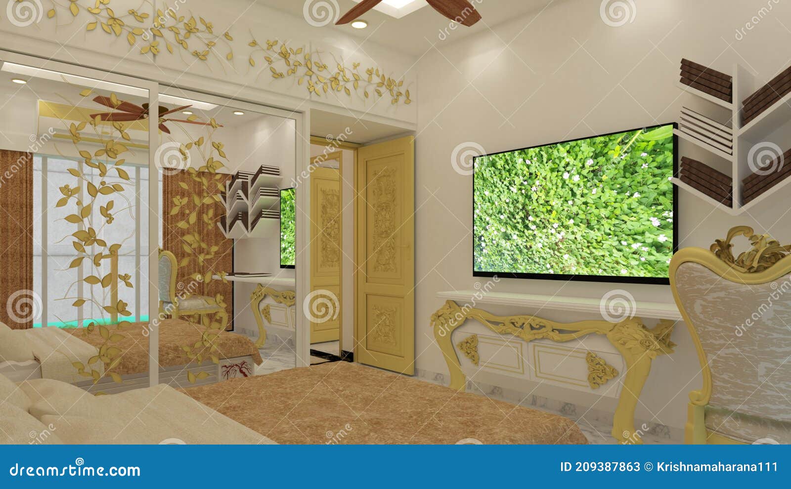 3d Render Illustration Classic Style Bedroom. White, Black and Gold