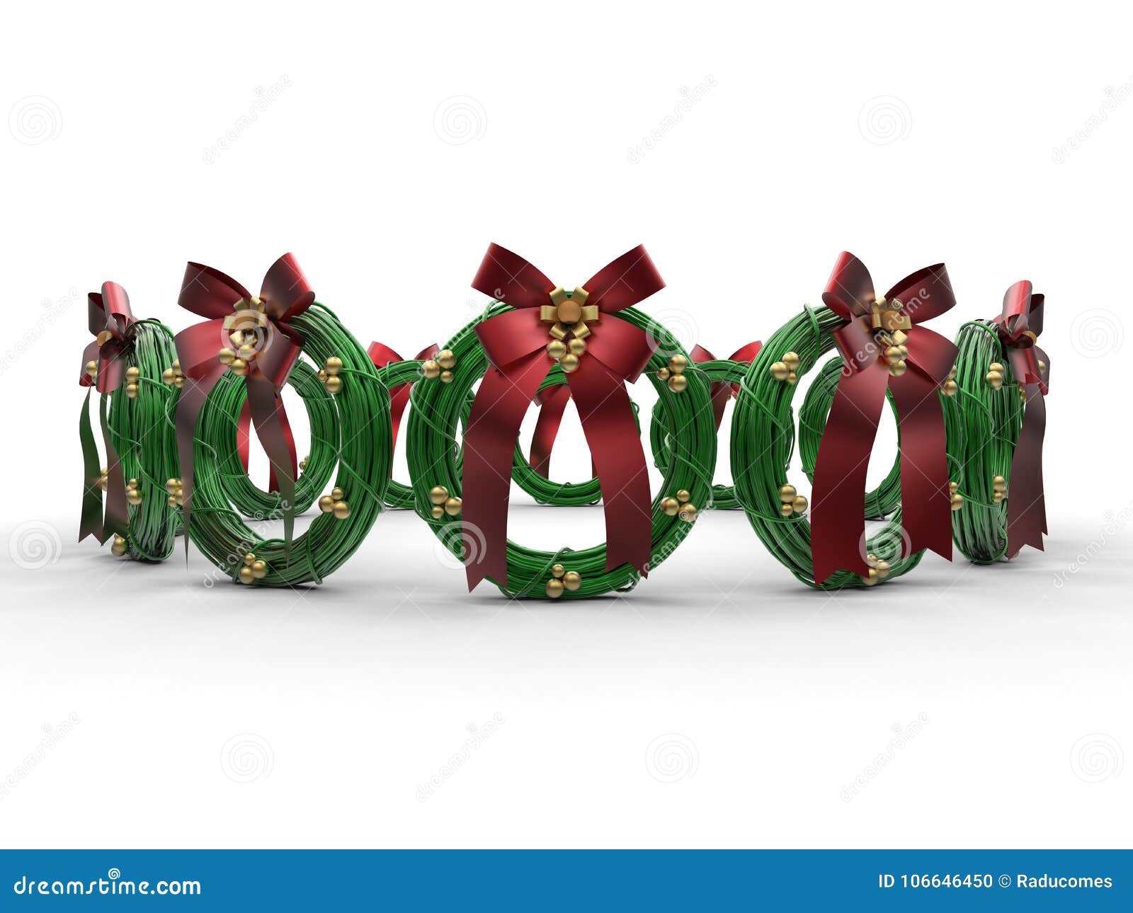 3D render illustration of multiple green Christmas ornaments isolated on a white background with shadows