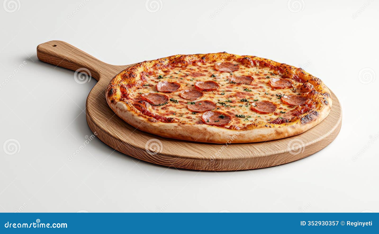 3d render of  thincrust pizza on wooden paddle