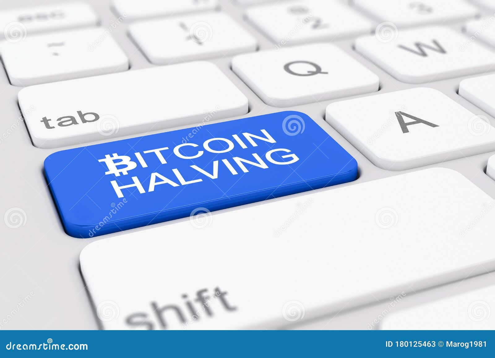 3d render of a keyboard with blue bitcoin halving button