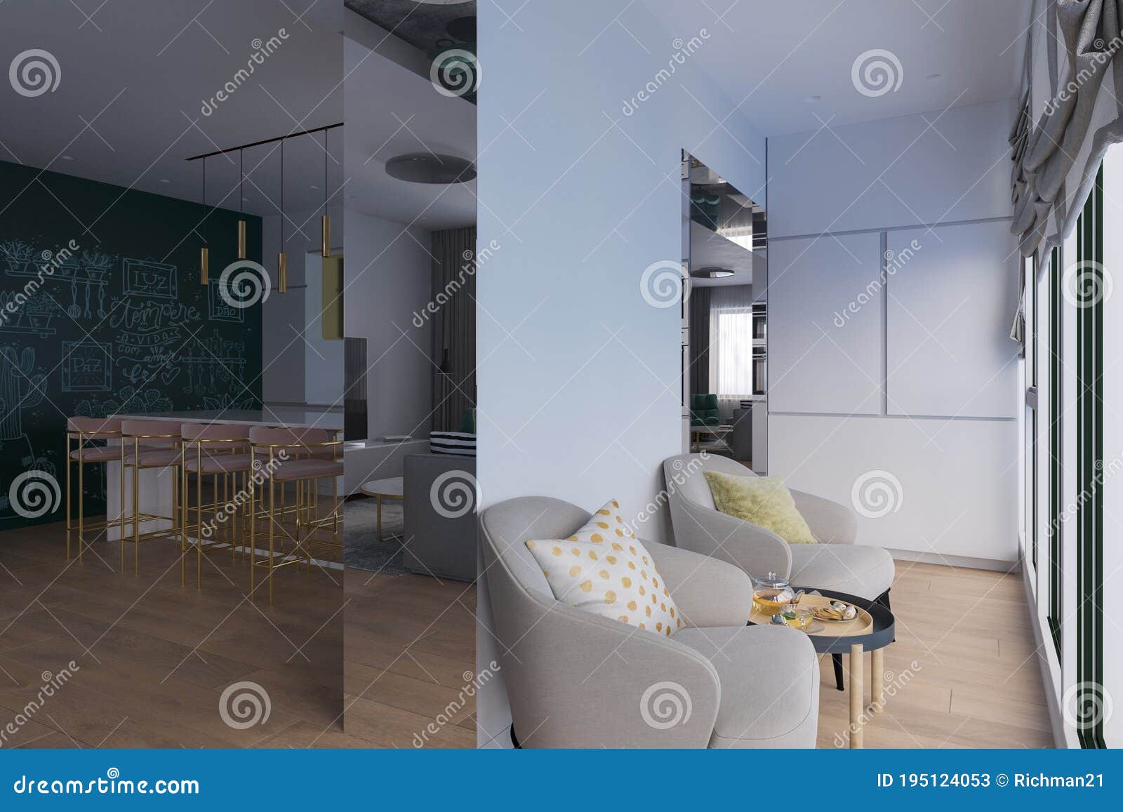 3D Render of a Kitchen Coffee Zone with Day Natural Lighting. Stock