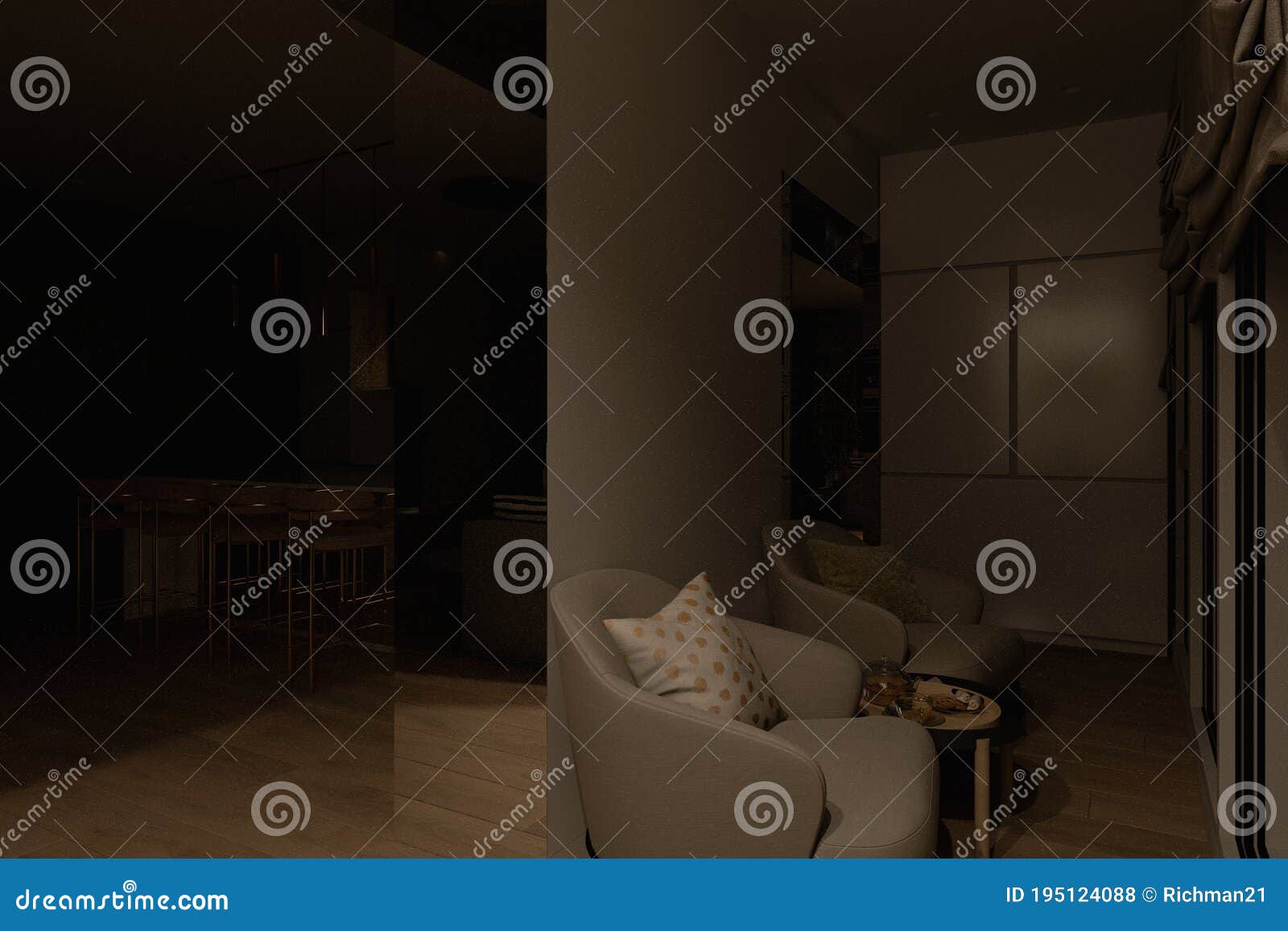 3D Render of a Kitchen Recreation Zone with Night Lighting. Stock