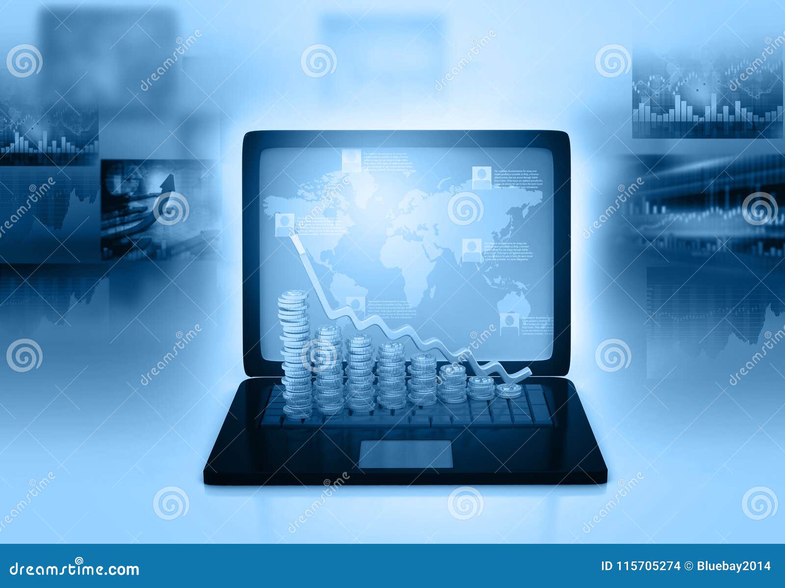 laptop with business graph information diagrams
