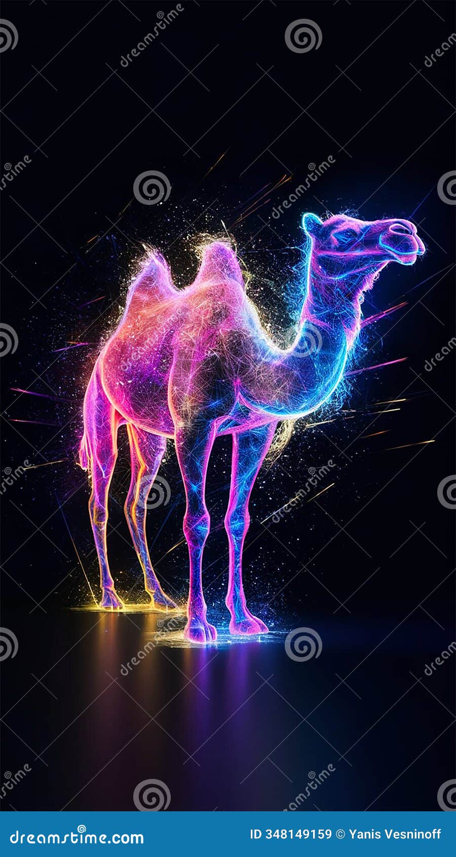 this 3d render of a laser exploded  hologram showcases an artistic and vibrant depiction of a camel