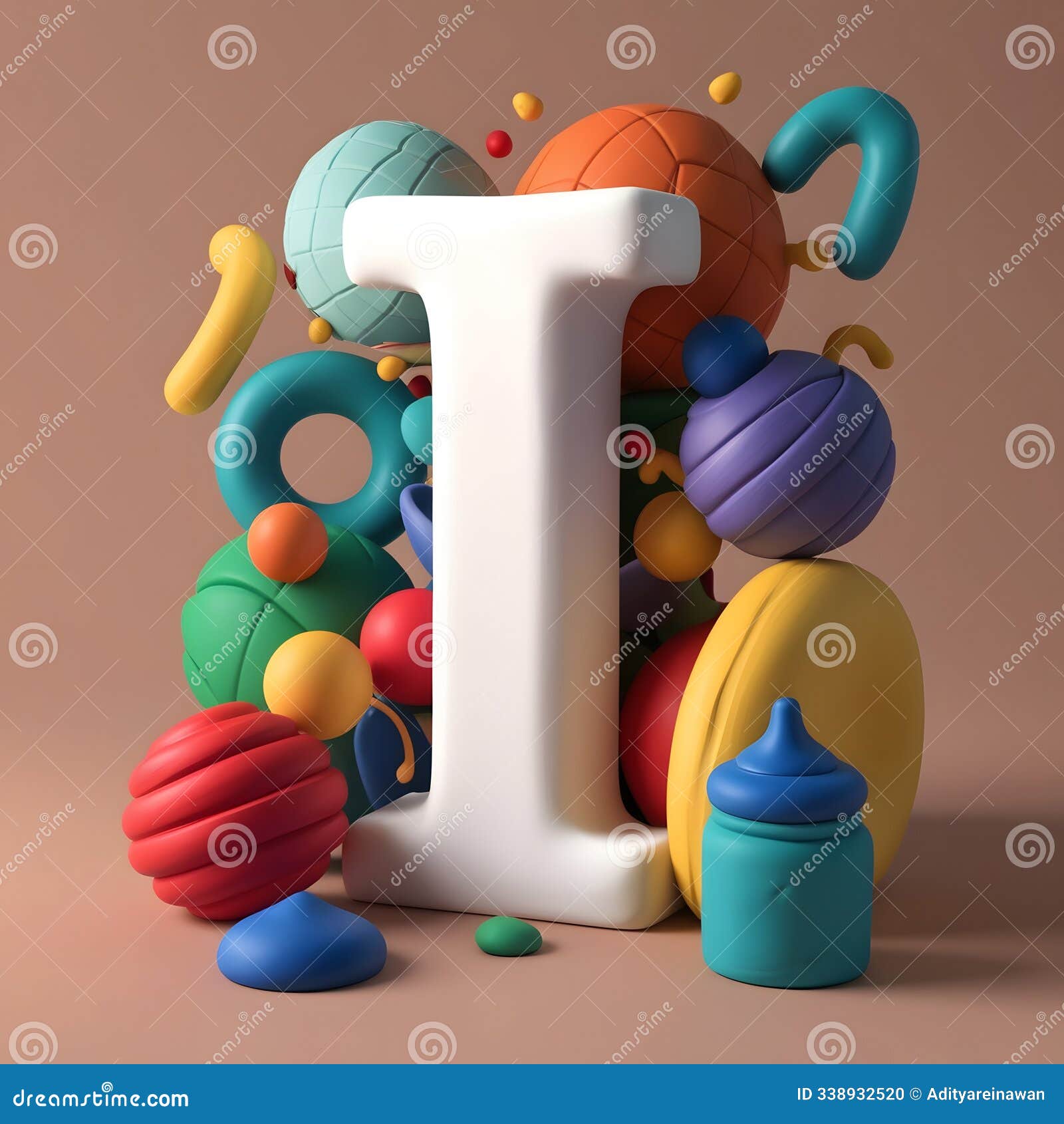 3d render of letter 'i' surrounded by playful objects with clay-like texture
