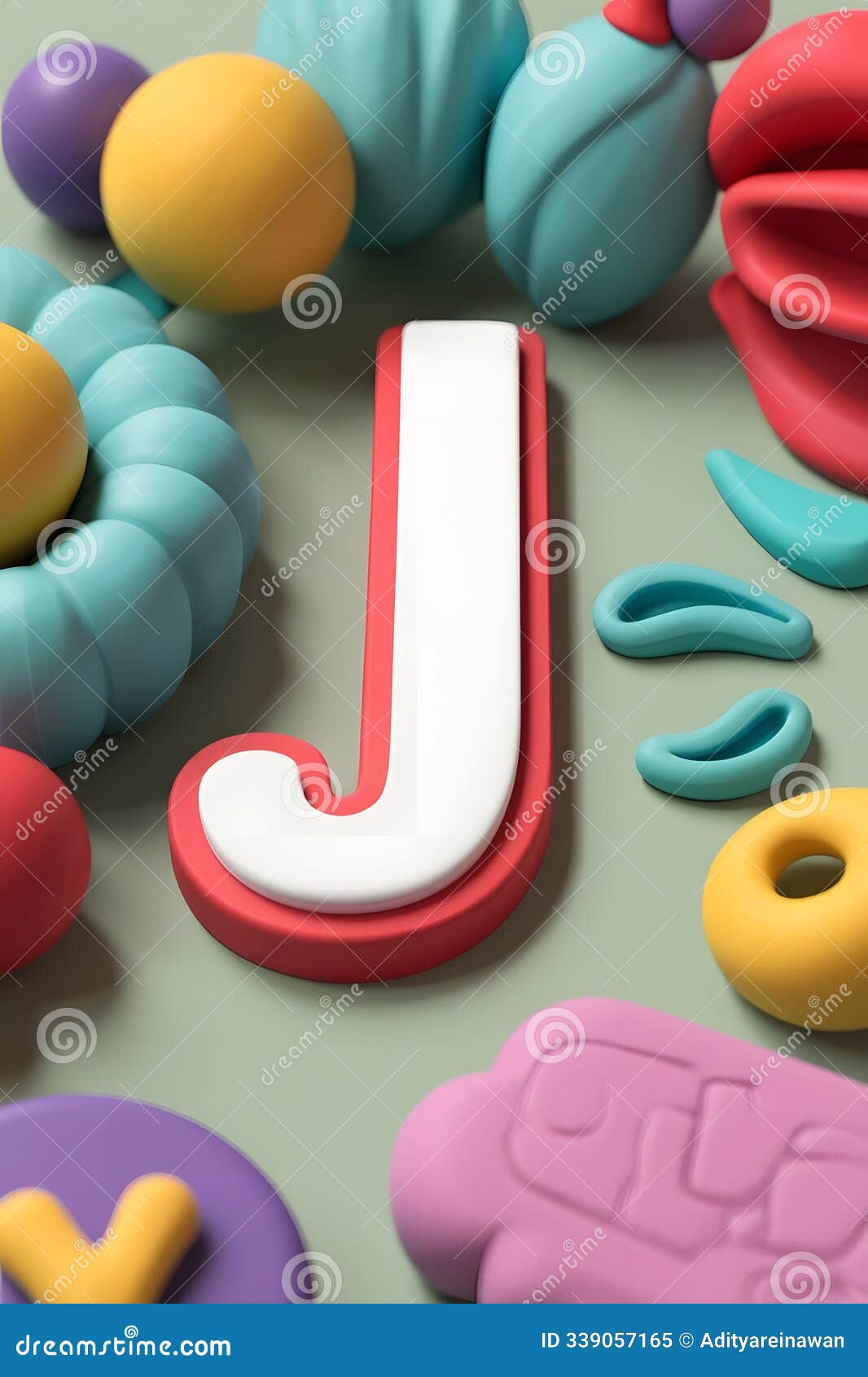 3d render of the letter 'j' surrounded by playful colorful objects