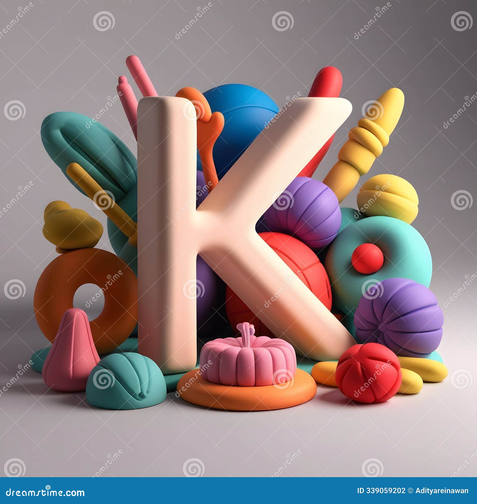 3d render of letter 'k' surrounded by playful cgi clay objects Ã¢â¬â soft, stylized look