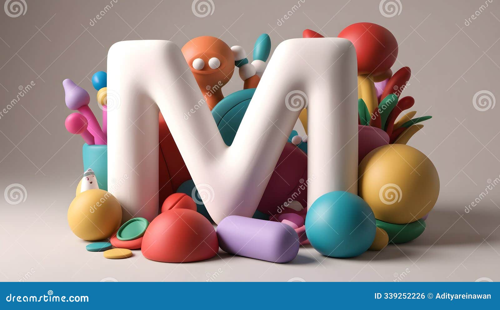 3d render of letter 'm' surrounded by colorful playful objects in cgi clay texture