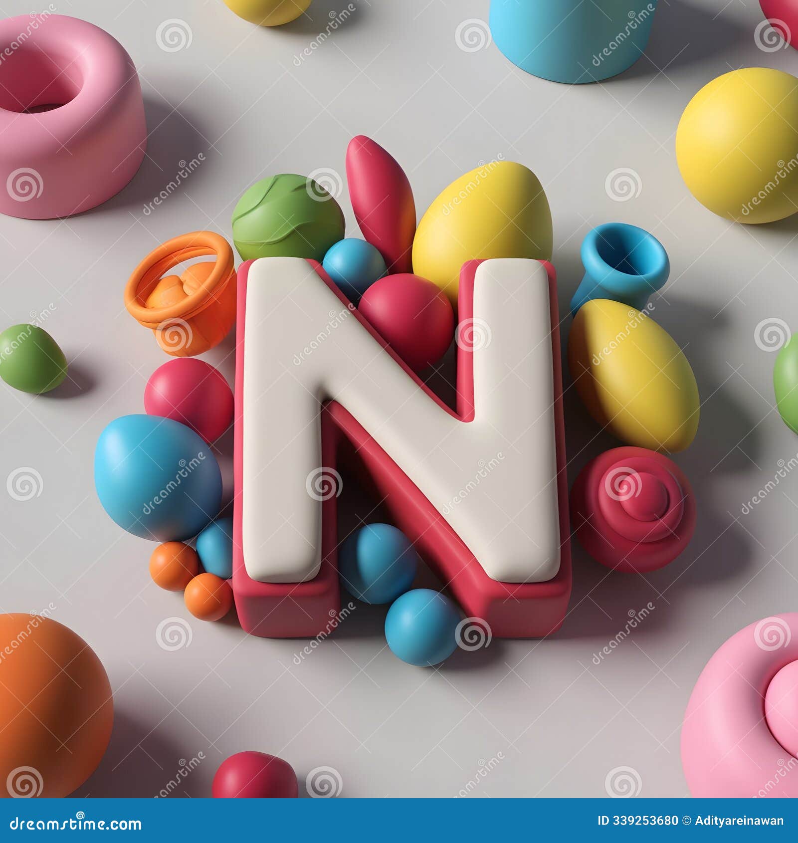 3d render of the letter 'n' surrounded by playful cgi clay objects