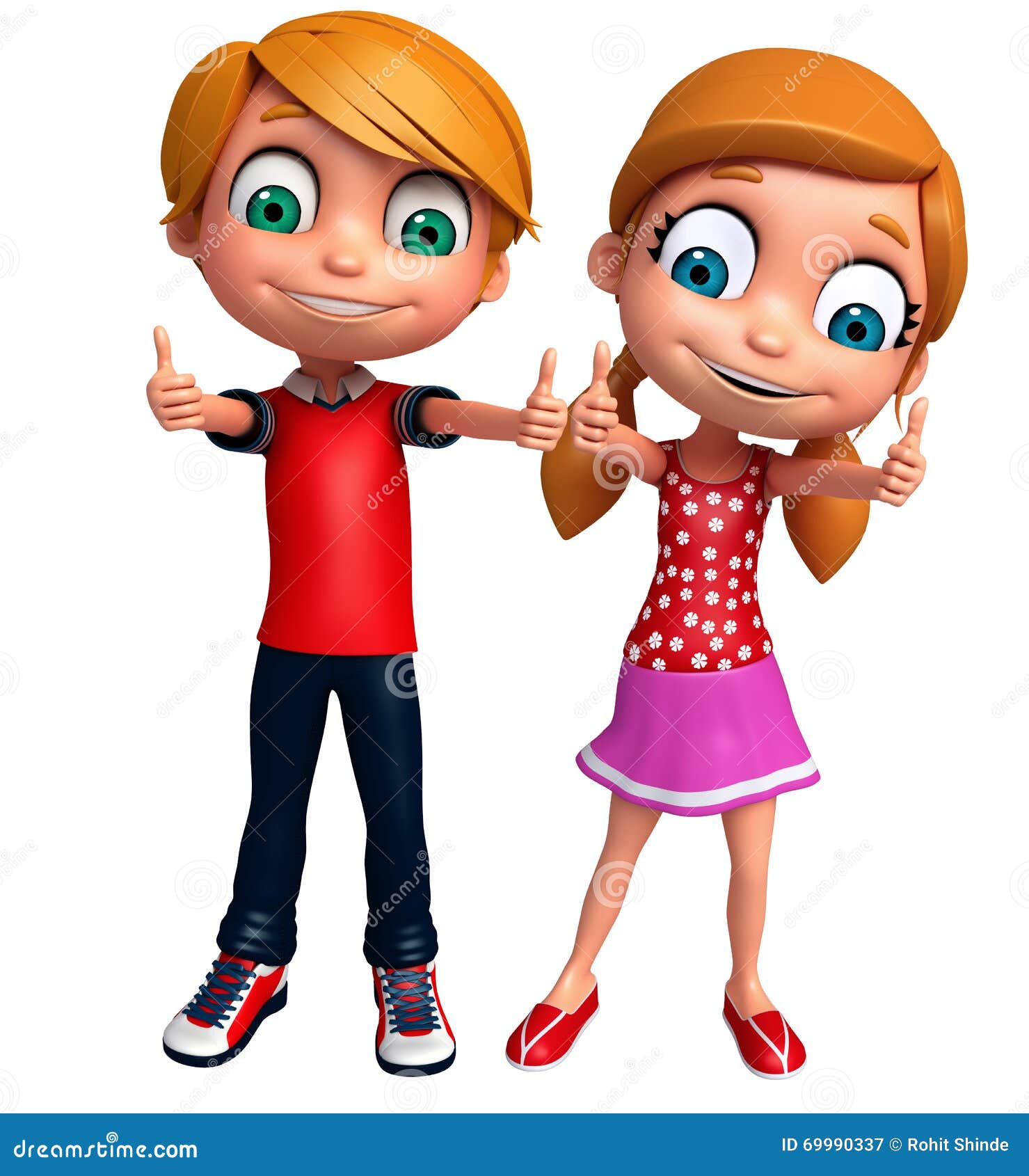3d render of little boy and girl with thums up pose