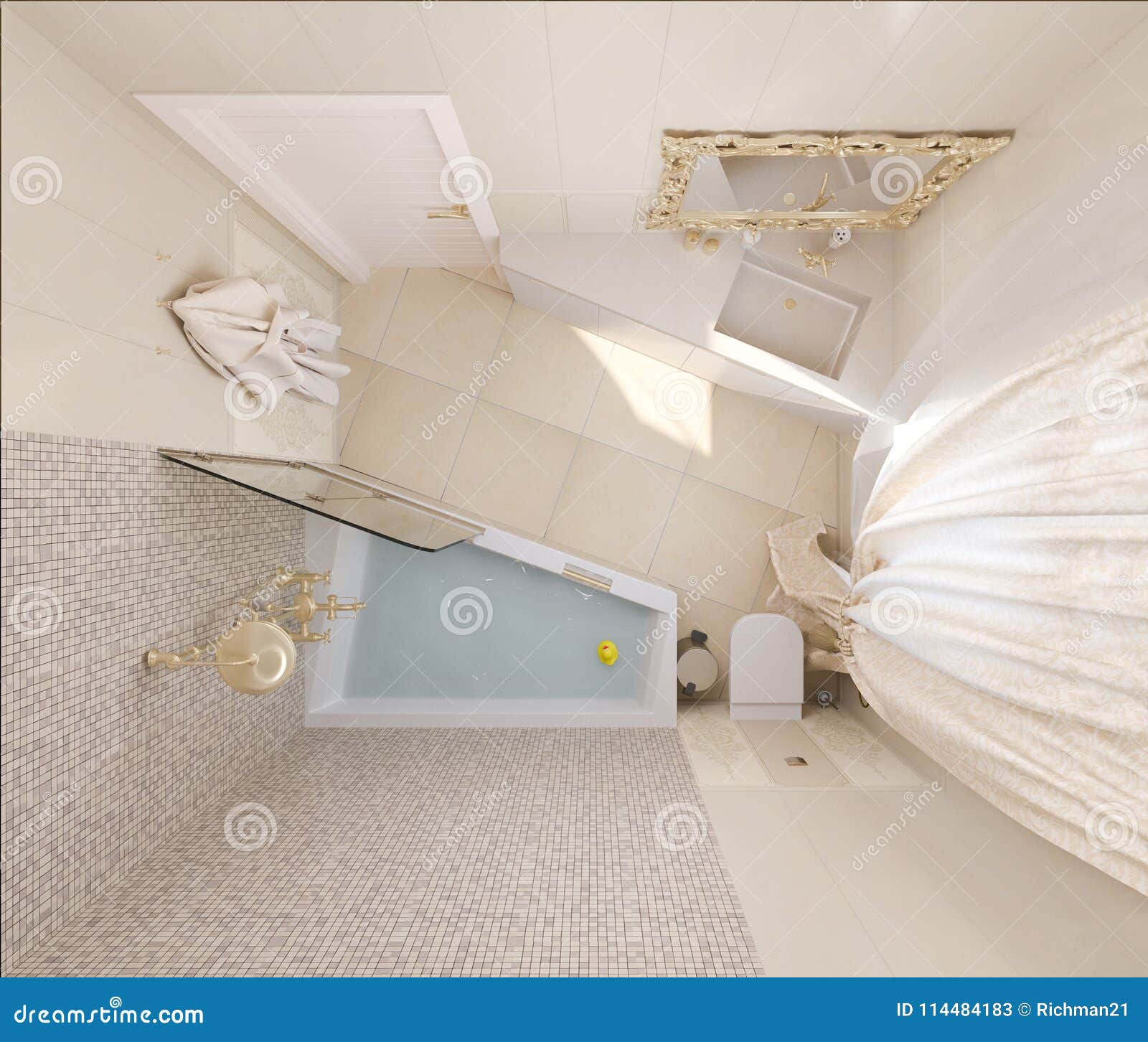 3d Render Luxury Bathroom Interior Design in Top View Stock Image