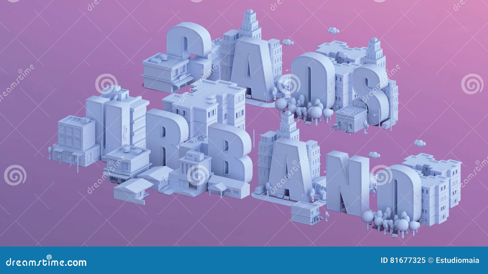 3d render of a mini city, typography 3d of the name caos urbano