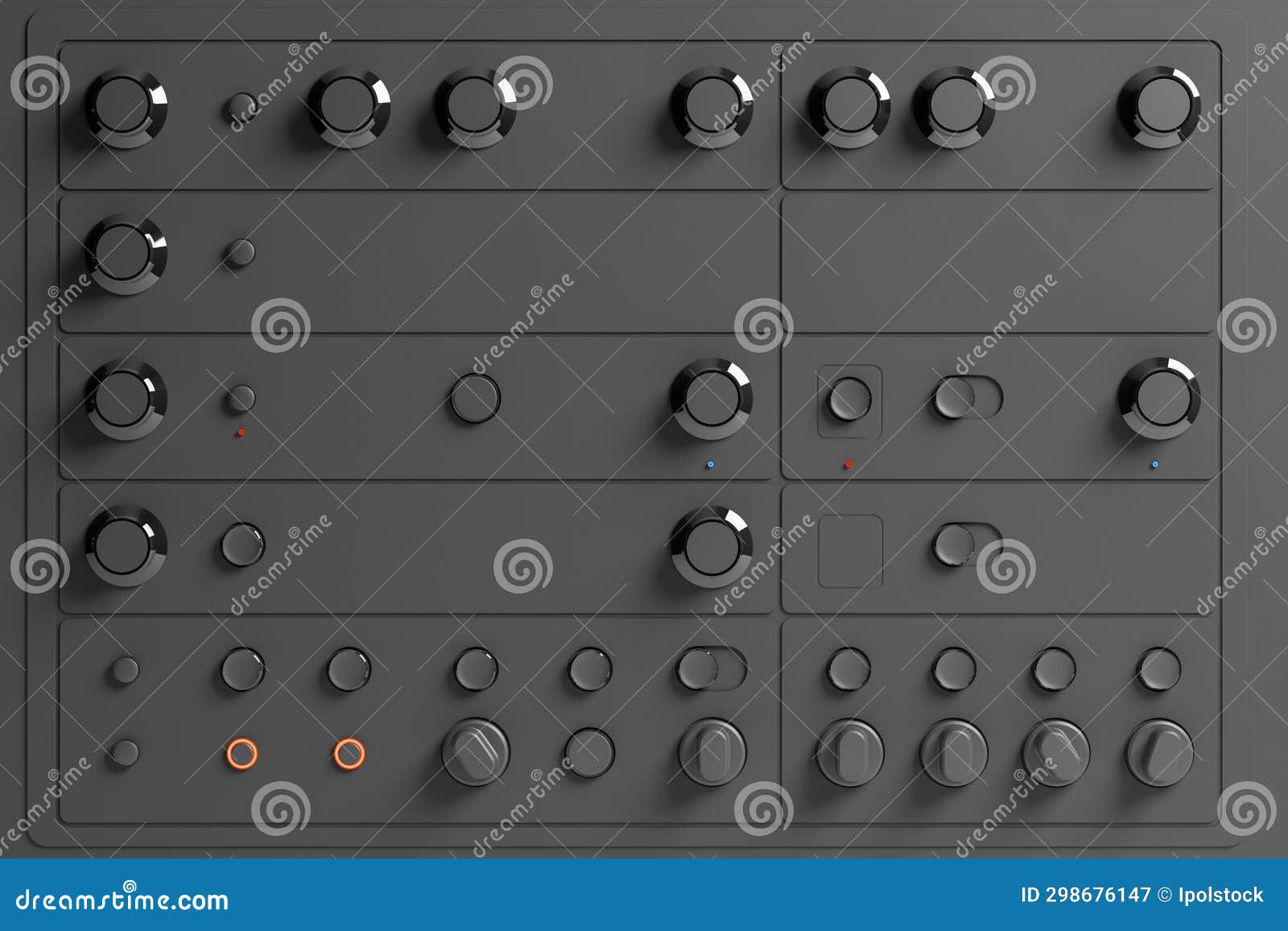 a 3d render mockup featuring a minimalist-styled electronics console adorned with switches, buttons, and dials, exuding a sleek