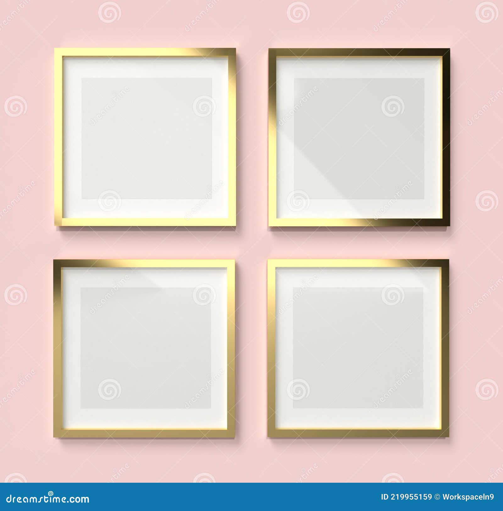 3D Render Mockup of Four Square Golden Empty Frame with White Paper