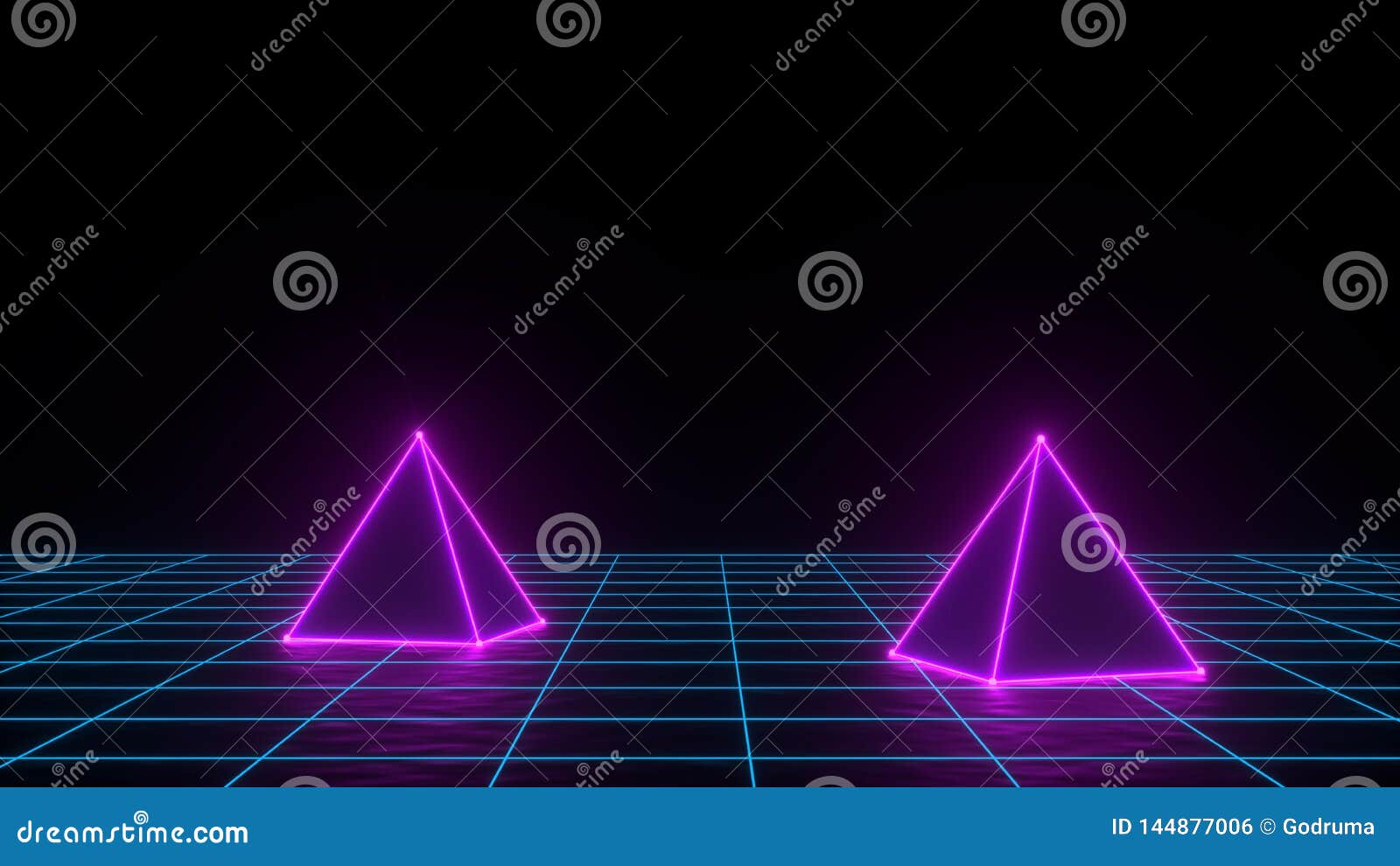 3d render of neon pyramid on grid background. banner . retrowave, synthwave, vaporwave . party and