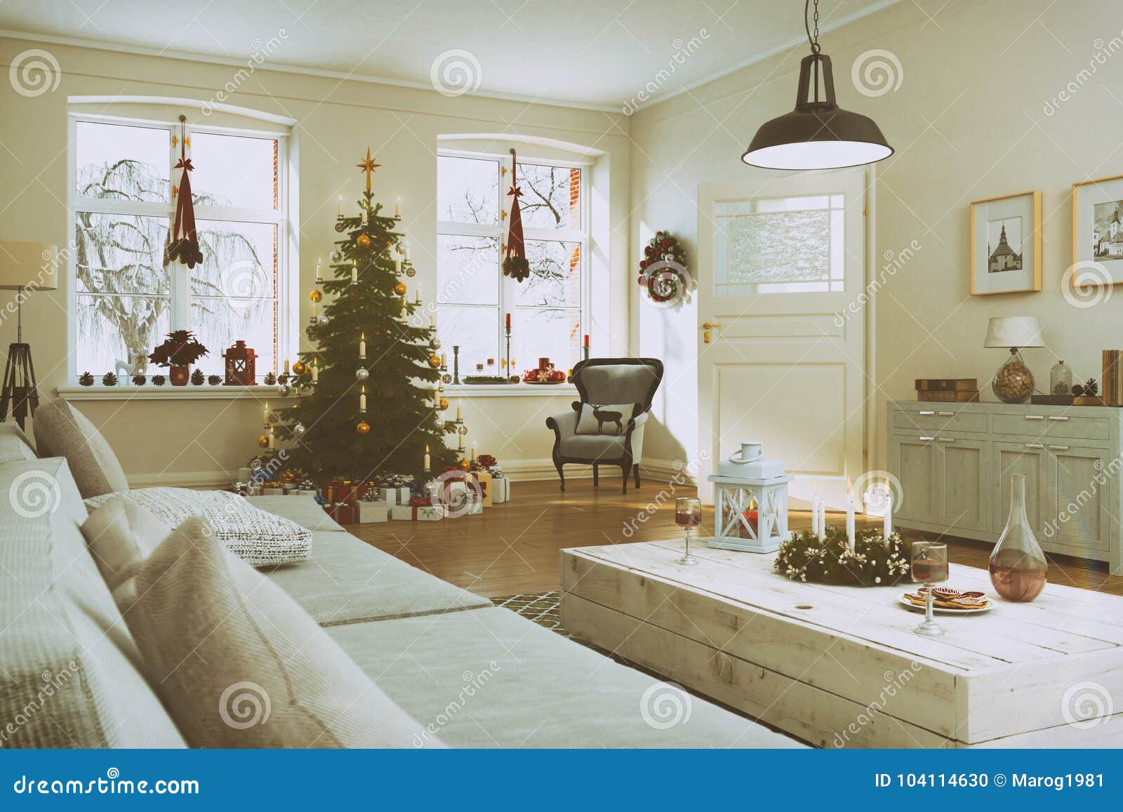 d render nordic living room christmas tree retro lo decoration look