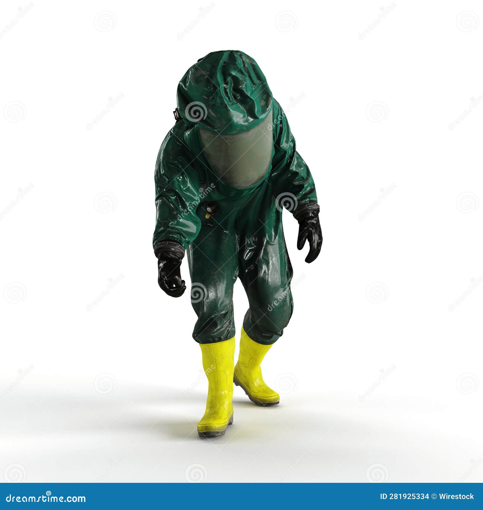 A 3d Rendering of a Person Wearing Green Hazard Suit with Yellow Boots ...