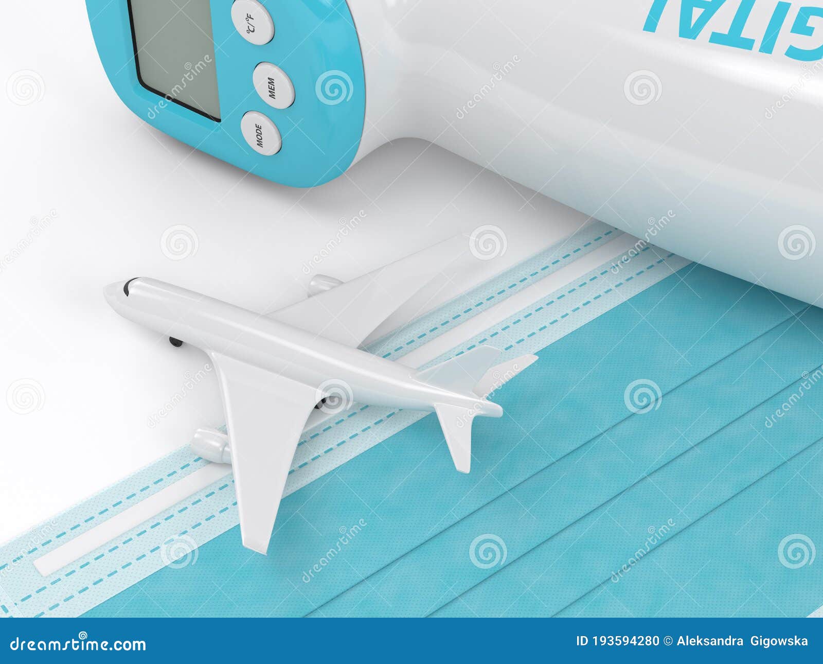 3d Render of Plane with Thermometer and a Protective Mask Stock