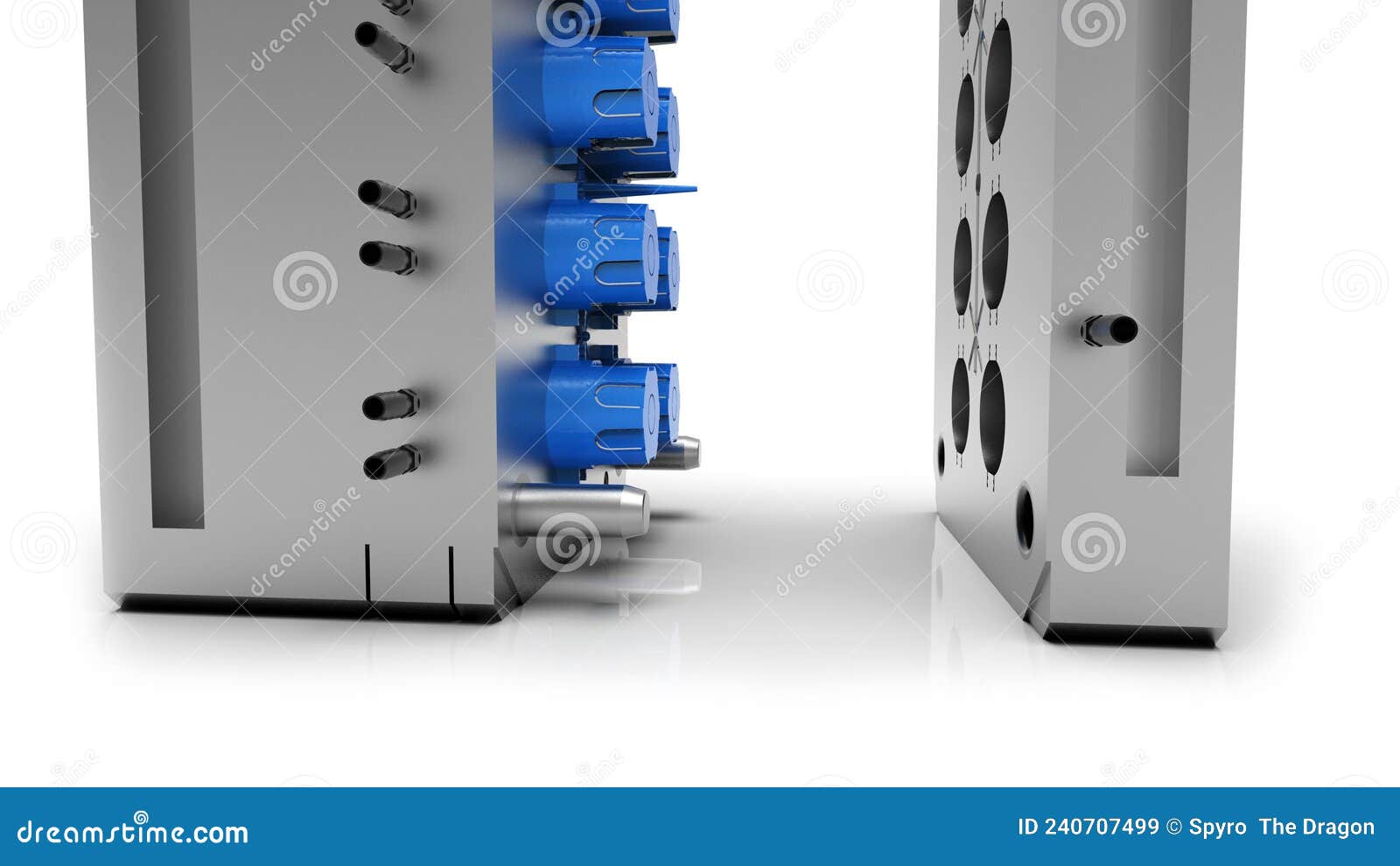 3d render of plastic moulding machine. plastic injection moulding.cups, boxes, toolboxes. the production process for plastic