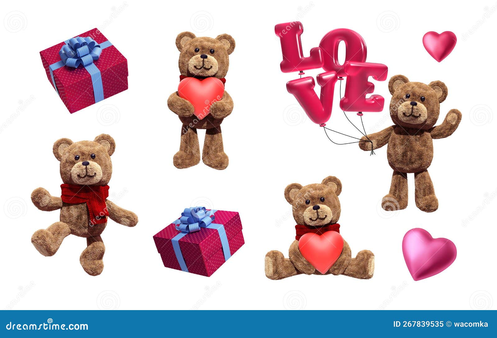 3d Render, Plush Bear Toy and Gift Boxes, Festive Clip Art Set Isolated
