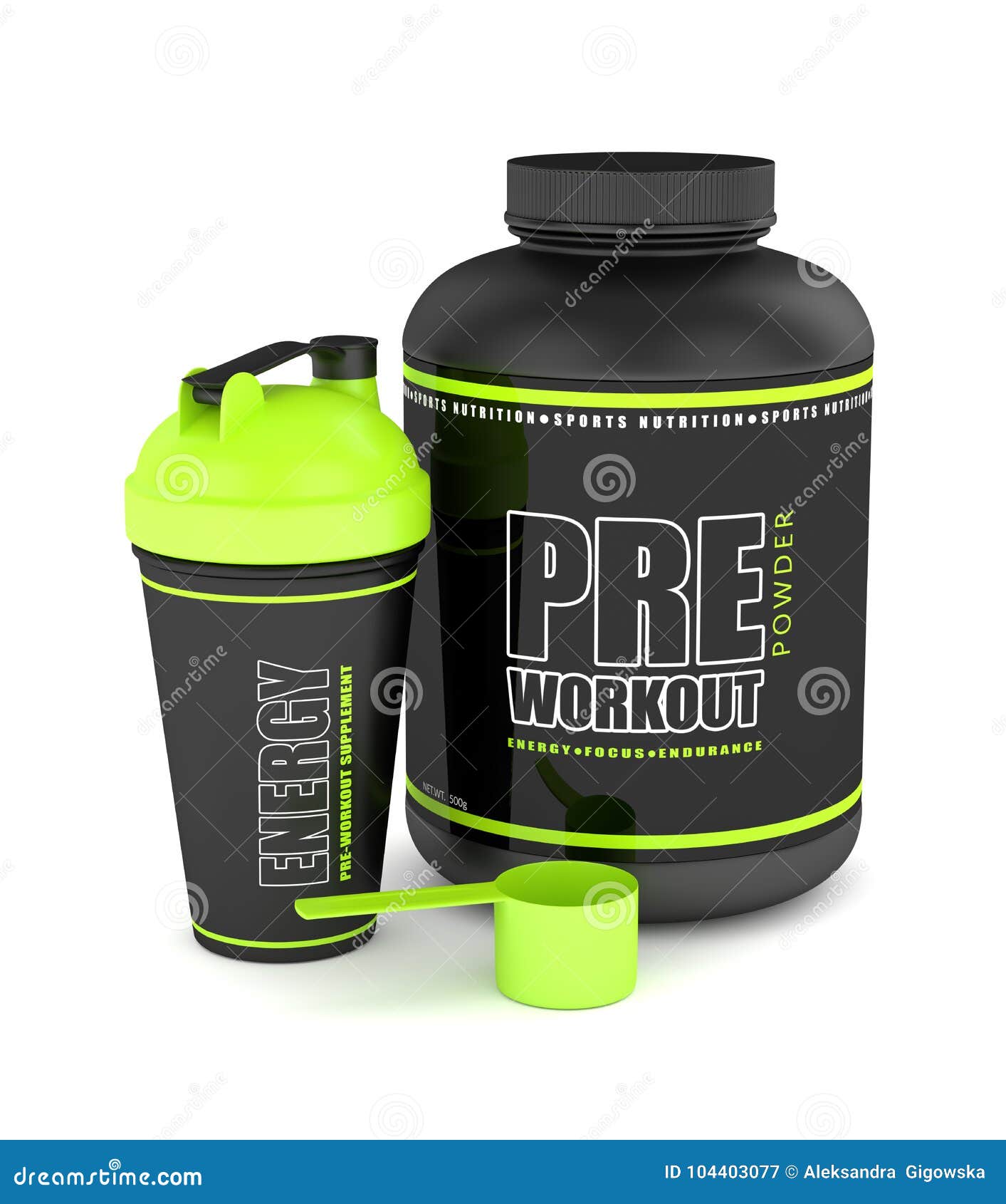 3d Render of Pre-workout Powder with Shaker and Spoon Stock