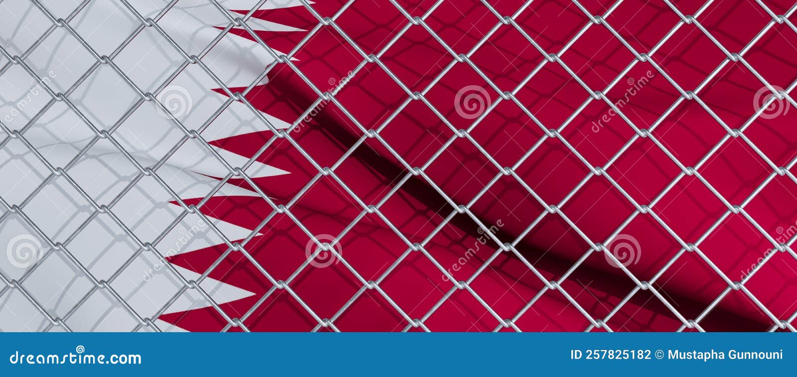 Qatar Flag Behind Steel Mesh Wire Fence. the Flag of Qatar Stock