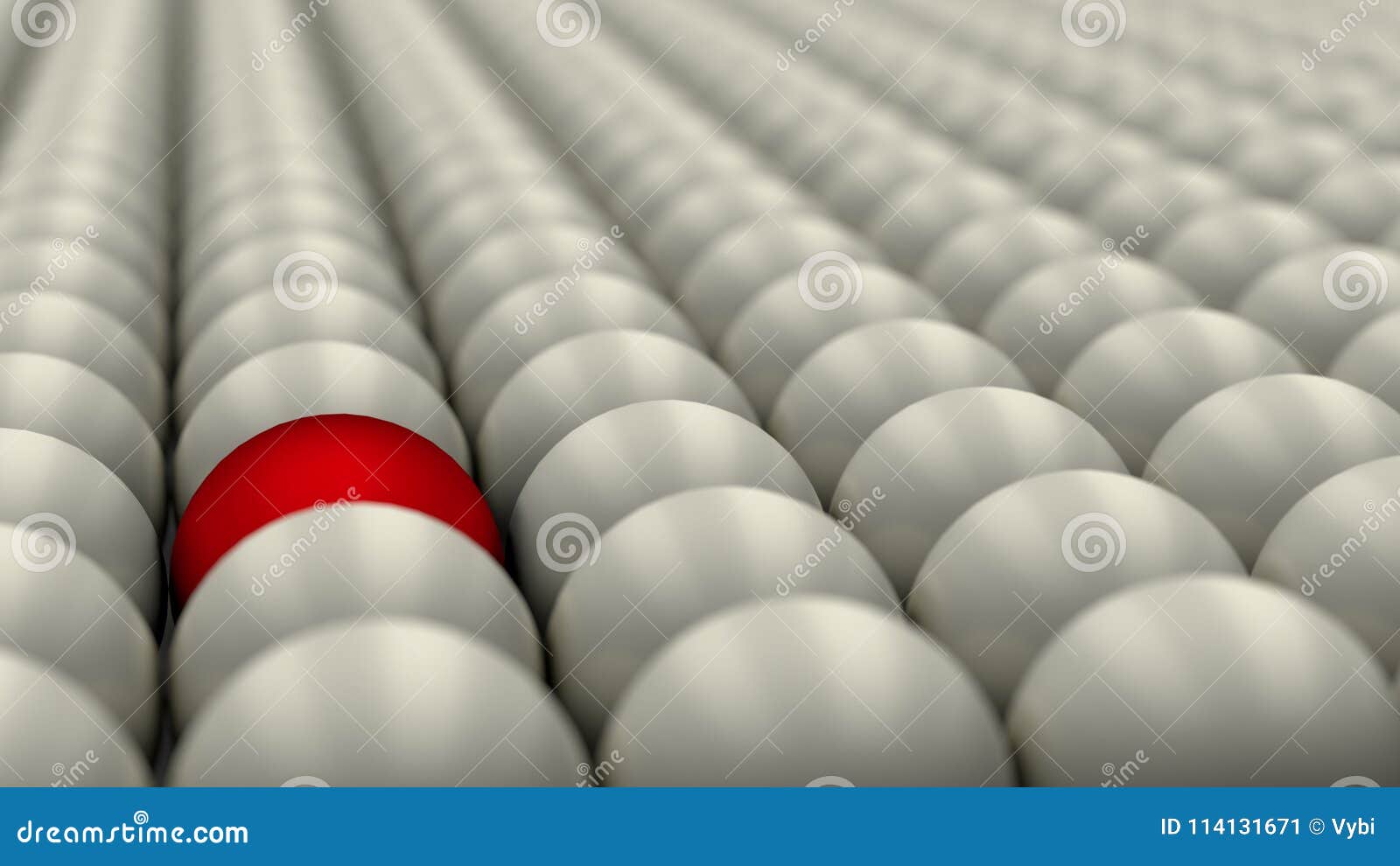 be different, standing out of the crowd, red ball surrounded by white balls, concept, 3d render