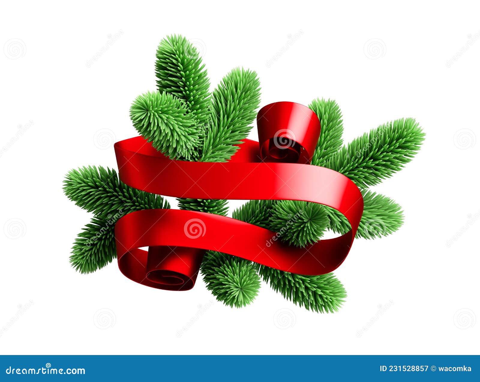 3d Render, Red Curly Ribbon with Green Spruce, Scroll Serpentine