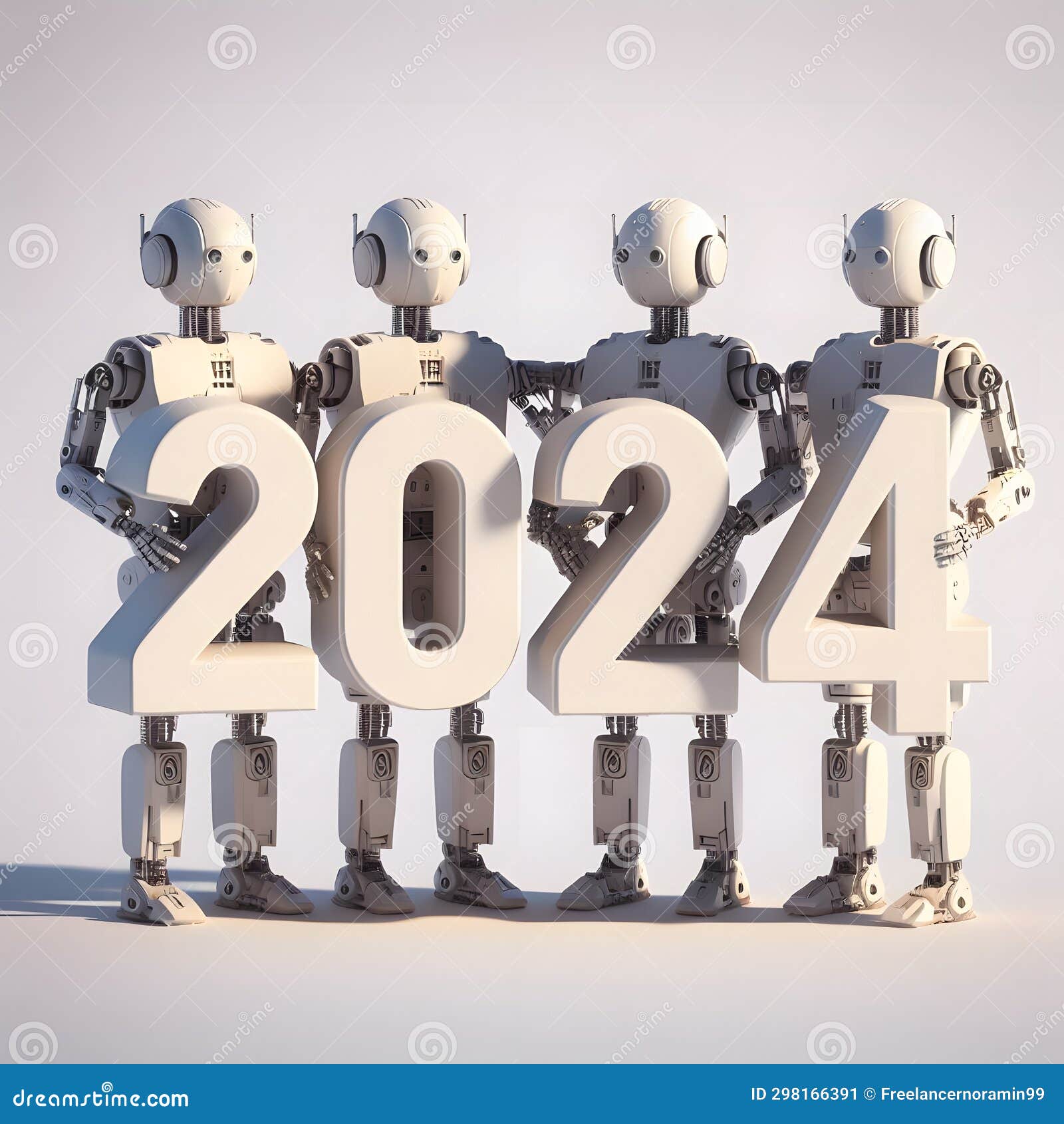 3d render of robots holding happy new year 2024 numbers on a white background, ai future, generative ai