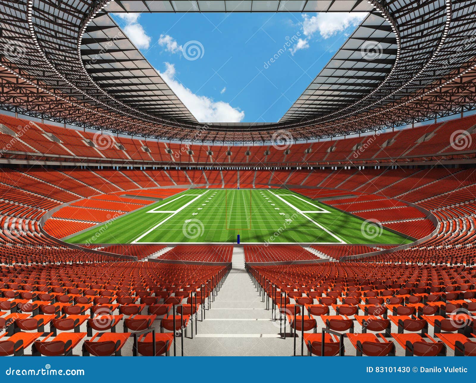 3D Render of a Round Football Stadium with Orange Seats Stock Photo