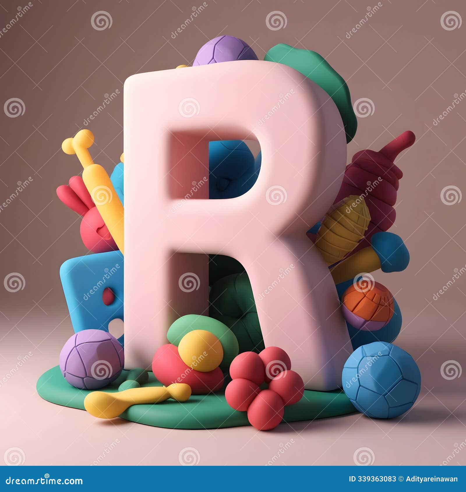 3d render of the letter 'r' with playful, colorful objects in a cgi clay-like texture