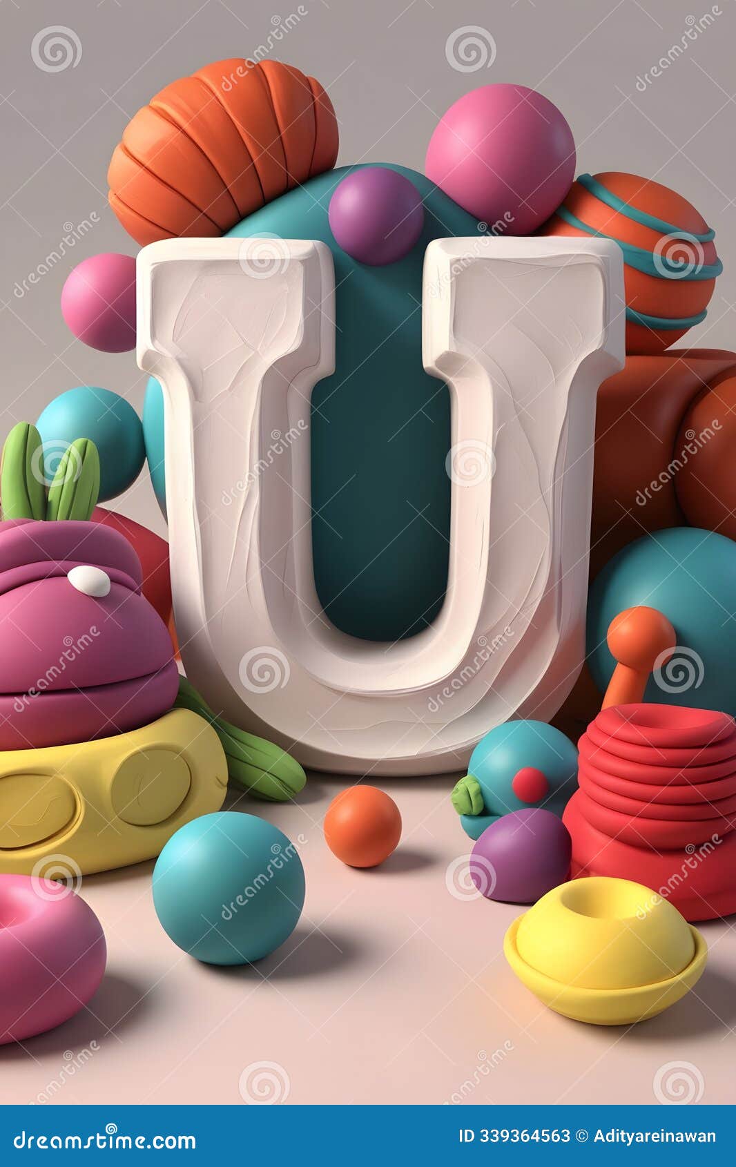 3d render of the letter 'u' surrounded by colorful playful objects in a soft stylized cgi clay-like texture