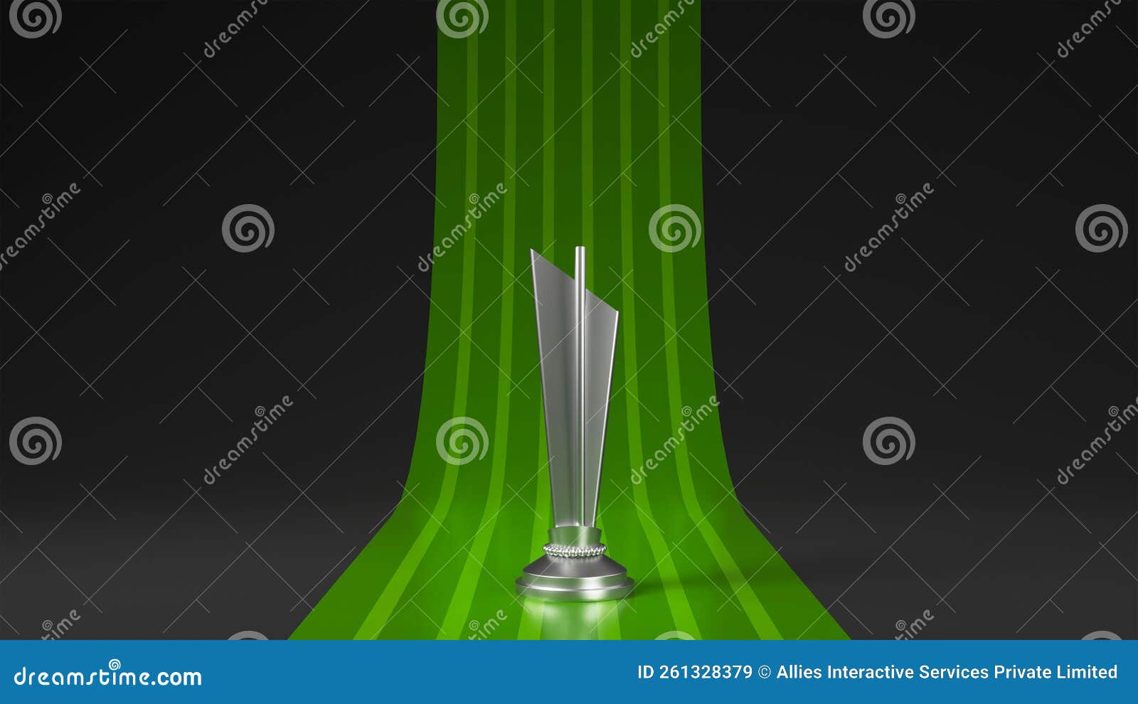 3D Render Silver Winner Trophy Cup Over Green Stripe on Black