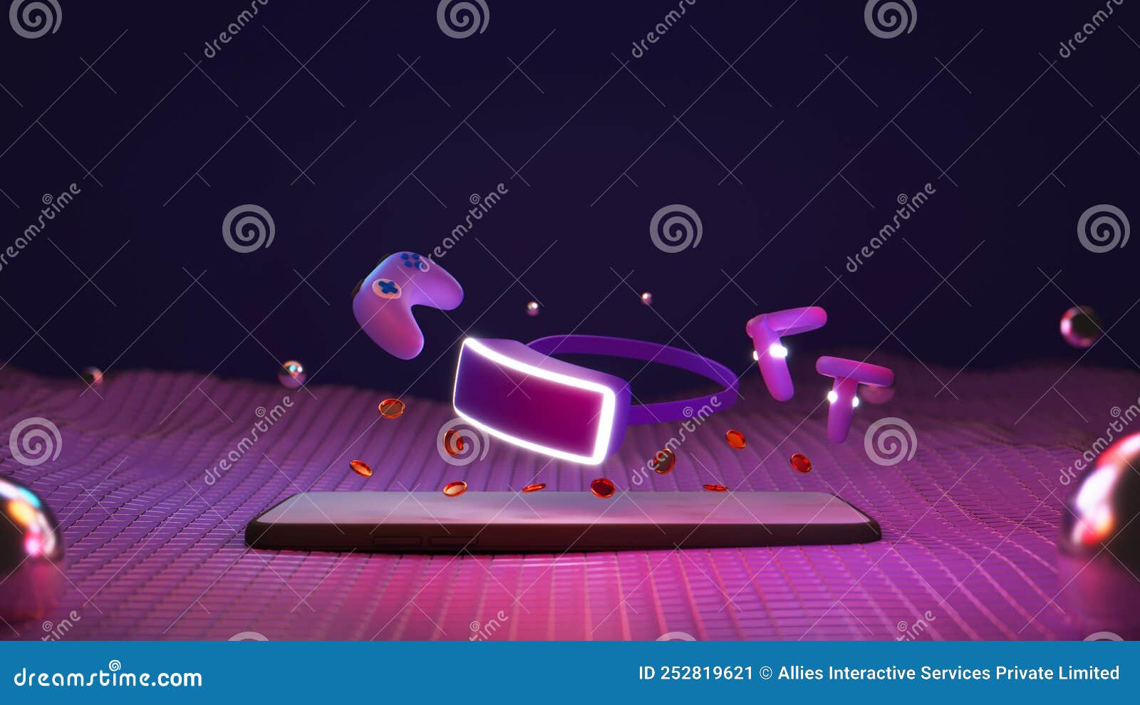 3D Render of Smartphone with Blank Screen, VR, Game Pad, Controller